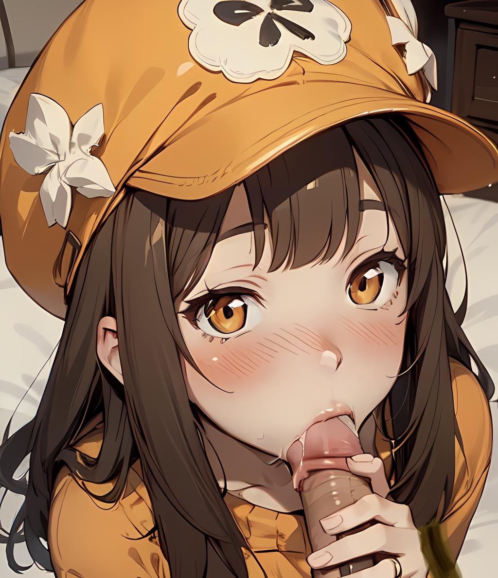 ai_generated arc_system_works blowjob blush blush_lines brown_hair close-up eye_contact fellatio female_focus guilty_gear hat looking_at_viewer may_(guilty_gear) oral_sex orange_eyes penis pixai precum saliva stable_diffusion sucking_tip sweater touching_penis uncensored wekilled_god