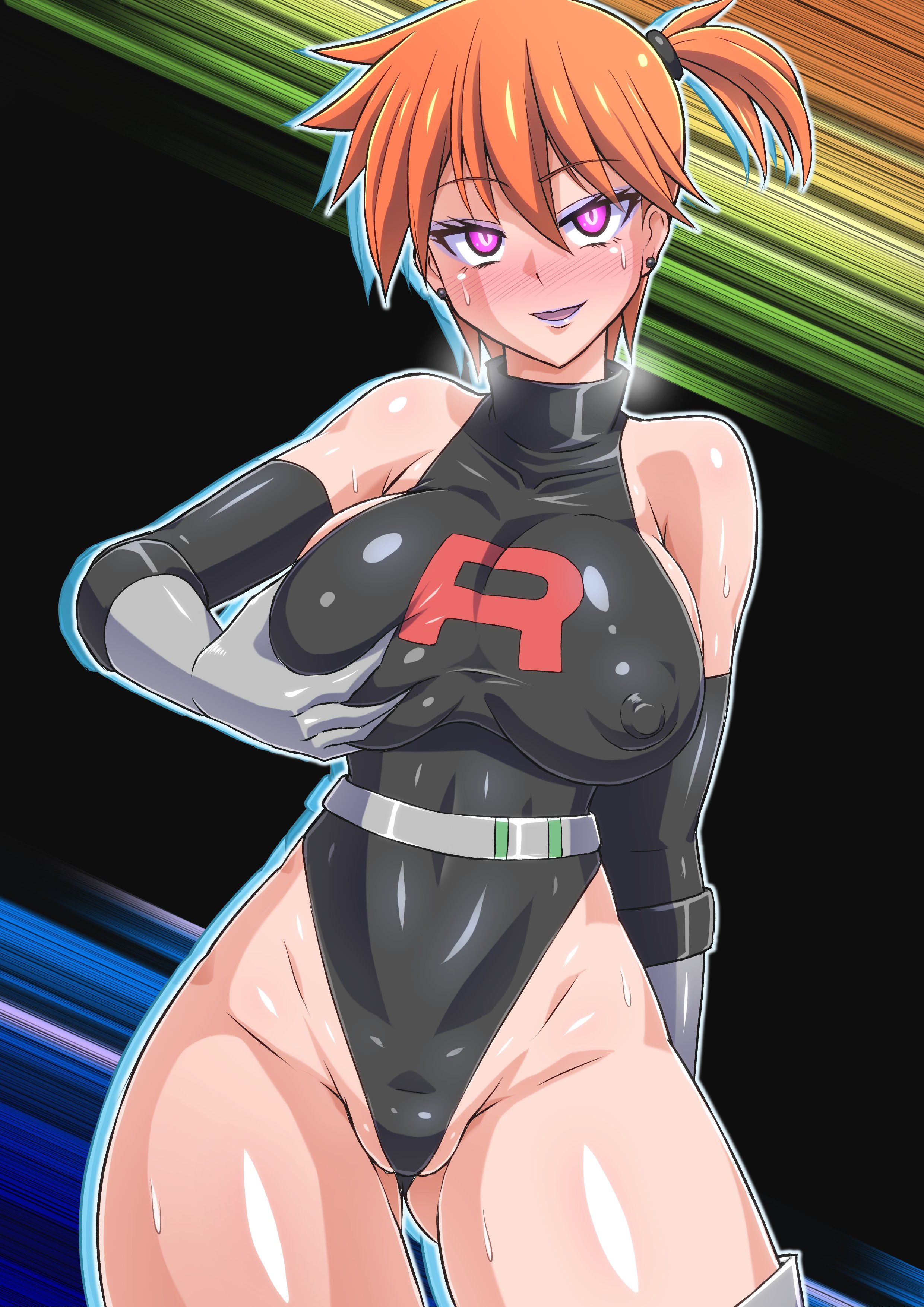 1girls, alternate breast size, black leotard, breasts, corruption, covered erect nipples, creatures (company), curvy, enemy conversion, female, female focus, game freak, gloves, grabbing, grabbing another's breast, groping, gym leader, hair tie, highleg, highleg leotard, highres, huge breasts, hypnosis, kasumi (pokemon), large breasts, latex, leotard, mind control, misty (pokemon), nintendo, nipples, no0o0n0o0on, orange hair, pale skin, pink eyes, pokemon, pokemon rgby, solo, team rocket, thick thighs, thighs, wide hips