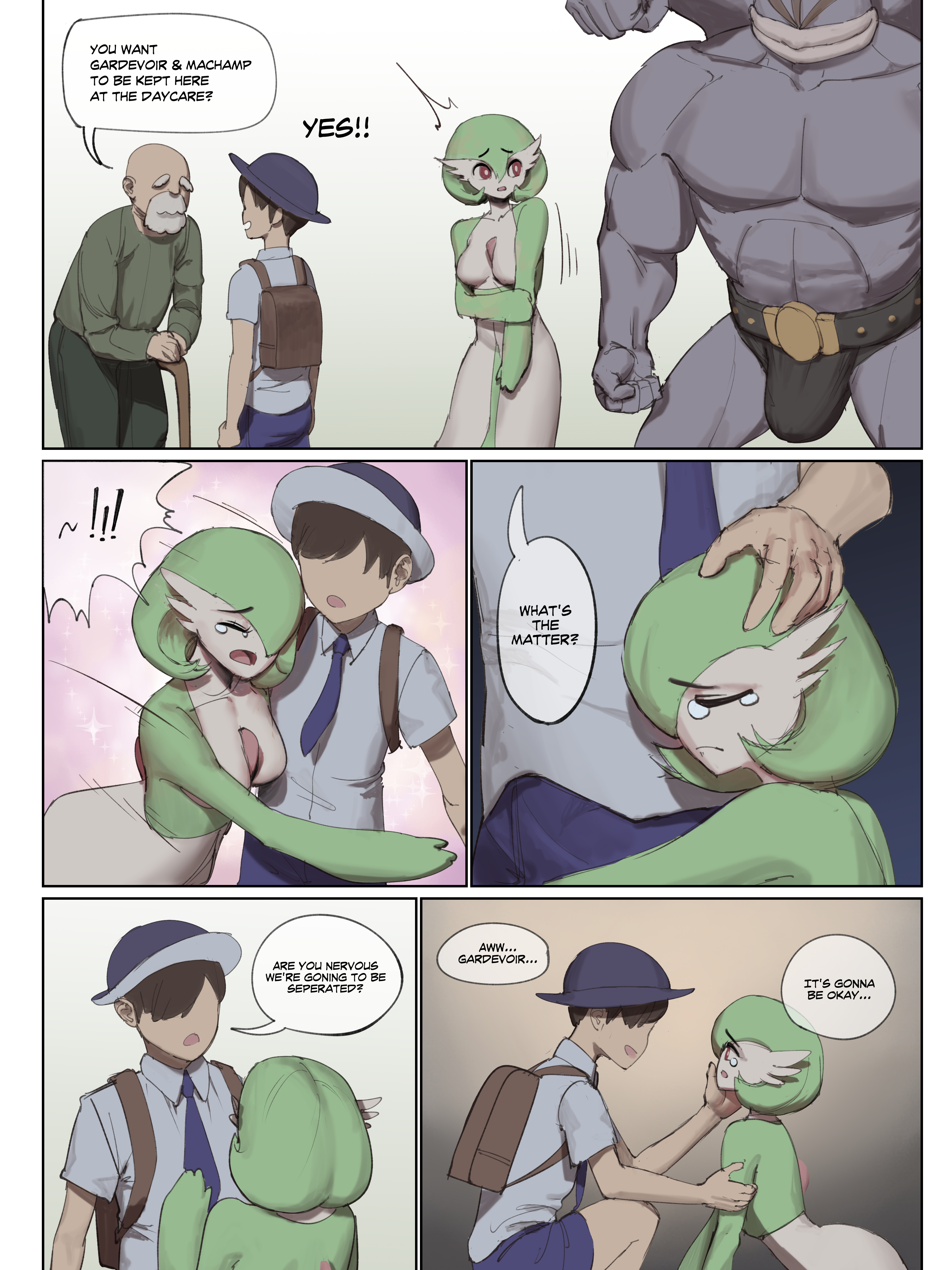 1girls, bulge, bulge through clothing, comic, dialogue, english, english text, female, florian (pokemon), gardevoir, green body, green skin, human, humanoid, imminent rape, machamp, male, monster, penis, penis bulge, pokémon (species), pokemon, pokemon (species), pokemon rgby, pokemon rse, pokemon sv, size difference, speech bubble, wjs07