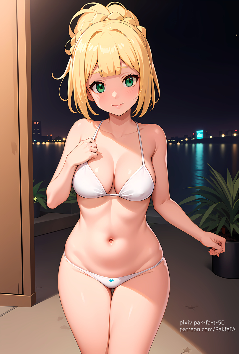 1girls, ai generated, bikini, blonde hair, female, female only, lillie (pokemon), pokemon, pokemon sm, solo, young