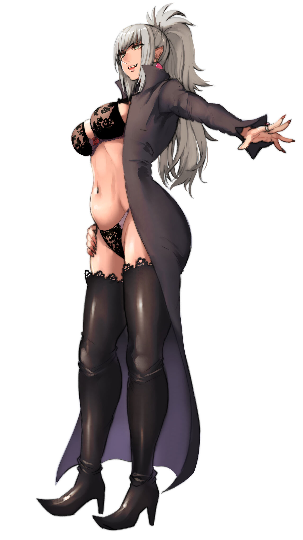 1girls, 2018, absurd res, black bra, black coat, black panties, boots, bra, breasts, clothing, coat, earrings, fangs, female, female only, full body, hand on hip, high heel boots, high heels, high ponytail, highres, jewelry, lace, lace trim, lace-trimmed bra, lace-trimmed panties, large breasts, long hair, long ponytail, matching hair/eyes, nail polish, navel, open clothes, open coat, open mouth, original, panties, pepe (jonasan), pink nails, pointy ears, ponytail, ring, sharp fingernails, sideboob, silver eyes, silver hair, simple background, smile, solo, standing, teeth, thighhighs, thighs, tied hair, underwear, vampire, white background