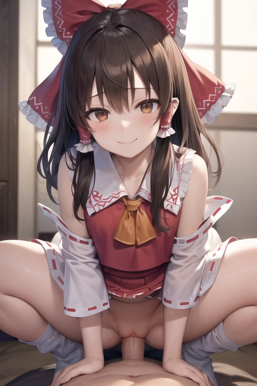 1boy, 1girls, ai generated, blush, brown hair, clothed sex, clothing, cowgirl position, detached sleeves, female, hair, hair ornament, hair ribbon, hakurei reimu, long hair, male, no panties, no skirt, penetration, penis, penis in pussy, pixai, pussy, red ribbon, reimu hakurei, riding, riding penis, sex, smile, socks, touhou, uncensored, vaginal penetration