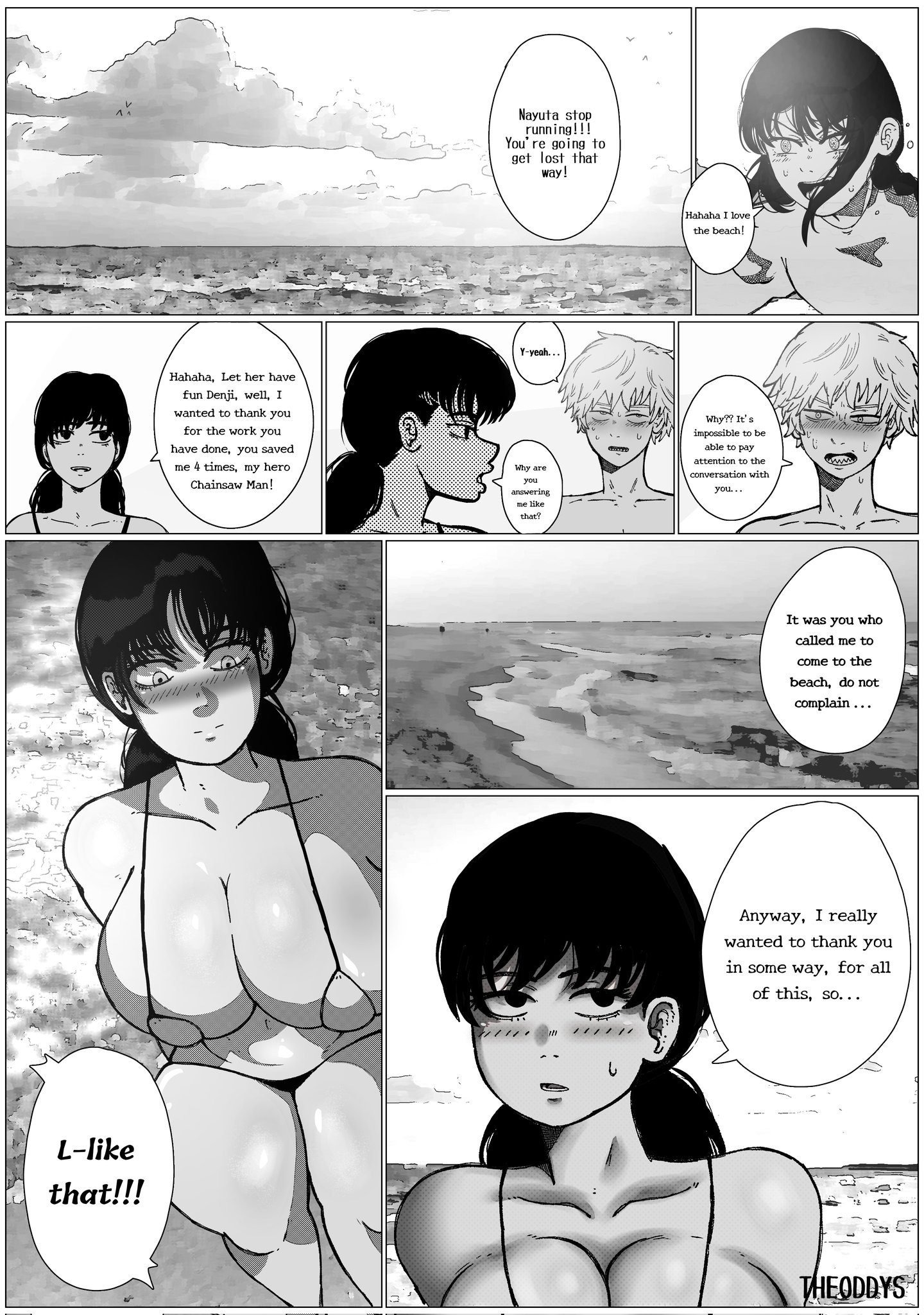 beach, bikini, black hair, blush, blushing, breasts, chainsaw man, comic, denji (chainsaw man), english, english text, female, large breasts, mitaka asa, nayuta (chainsaw man), speech bubble, swimsuit, text, theodyss