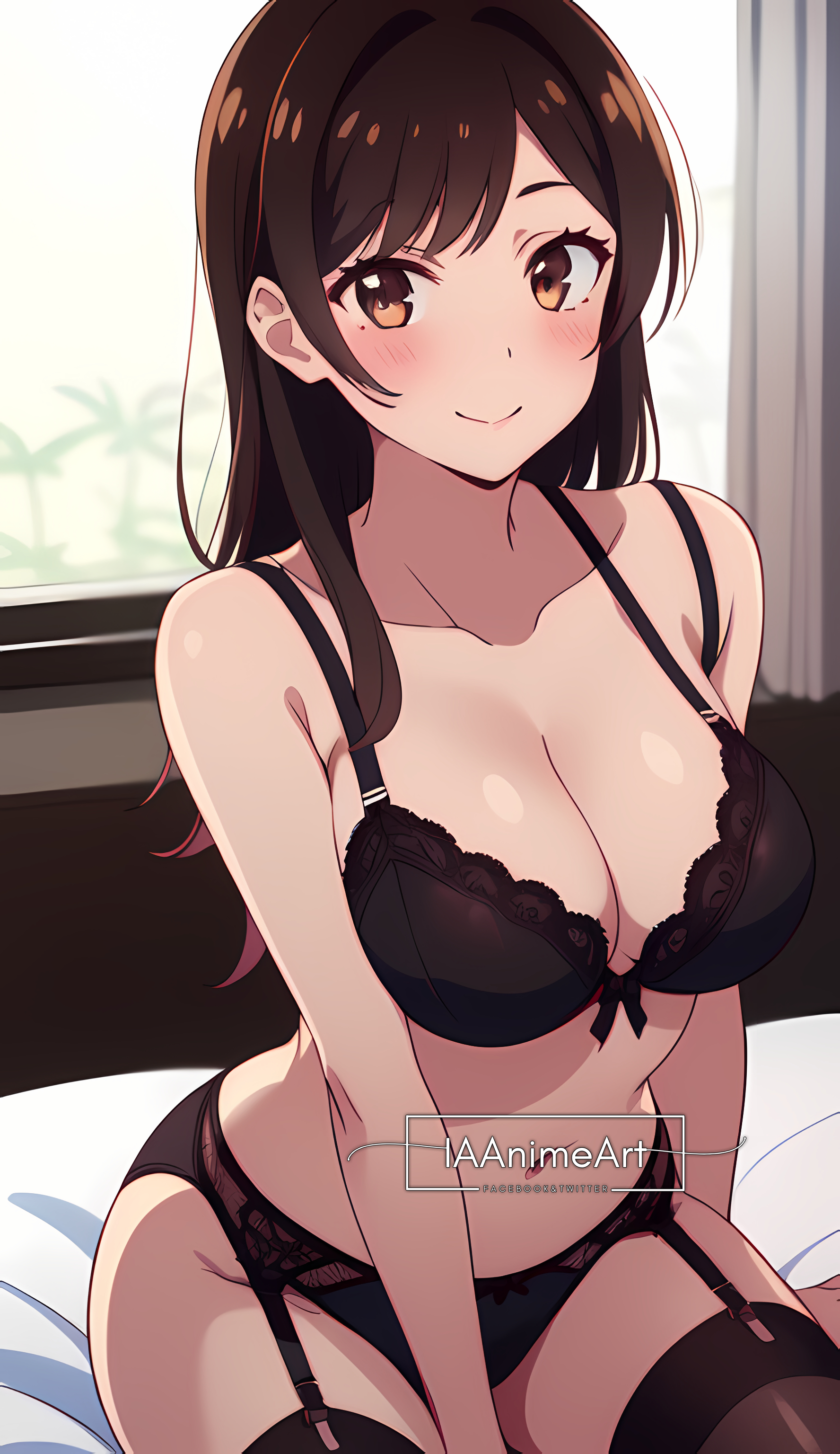 1girls, ai generated, breasts, brown hair, female, garter belt, garter straps, ianimeart, kanojo okarishimasu, large breasts, lingerie, lingerie only, mizuhara chizuru, nai diffusion, seductive, seductive look, smile, solo, stable diffusion, thighhighs, underwear