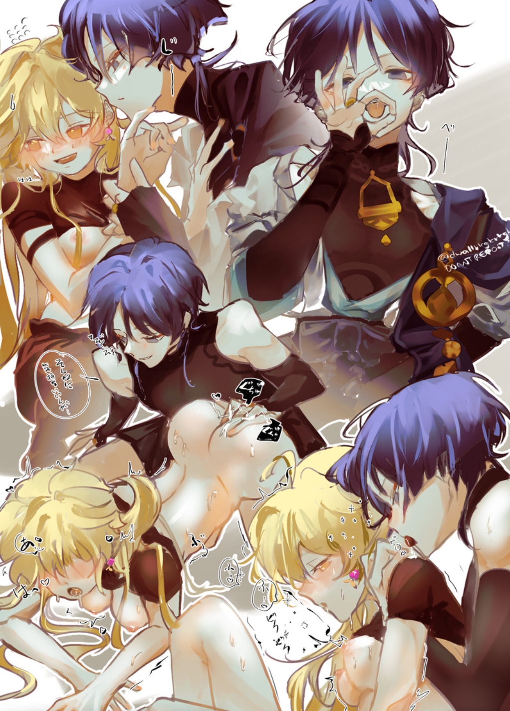 1boy, 1girls, aether (genshin impact), ass, blonde hair, breasts, bubble ass, bubble butt, different angle, female, fingering, gender transformation, genderswap, genderswap (mtf), genshin impact, hoyoverse, male, on all fours, purple hair, rule 63, scaramouche (genshin impact), sideboob, small breasts, transformation