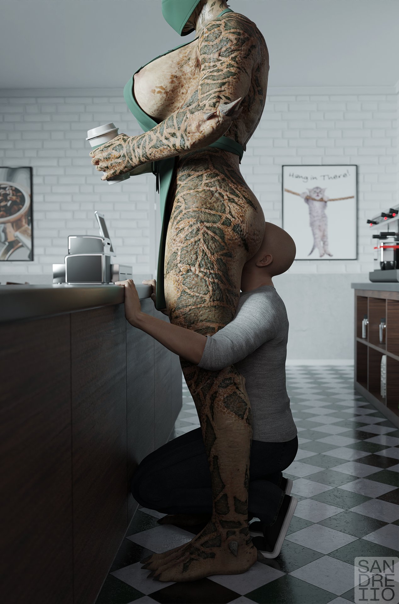 1boy 1girls 3d alien alien_girl apron apron_only barista big_ass big_breasts bigger_female coffee duo emotionless employee employee_uniform face_in_ass female_yautja hourglass_figure iced_latte_with_breast_milk interspecies meme nipple_slip nipples predator_(franchise) sandreiio side_view sideboob standing starbucks taller_girl yautja