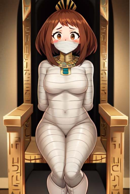 ai generated, arms behind back, blush, bondage, brown eyes, brown hair, egyptian headdress, female, gag, gagged, looking at viewer, mummification, my hero academia, ochako uraraka, uraraka ochako