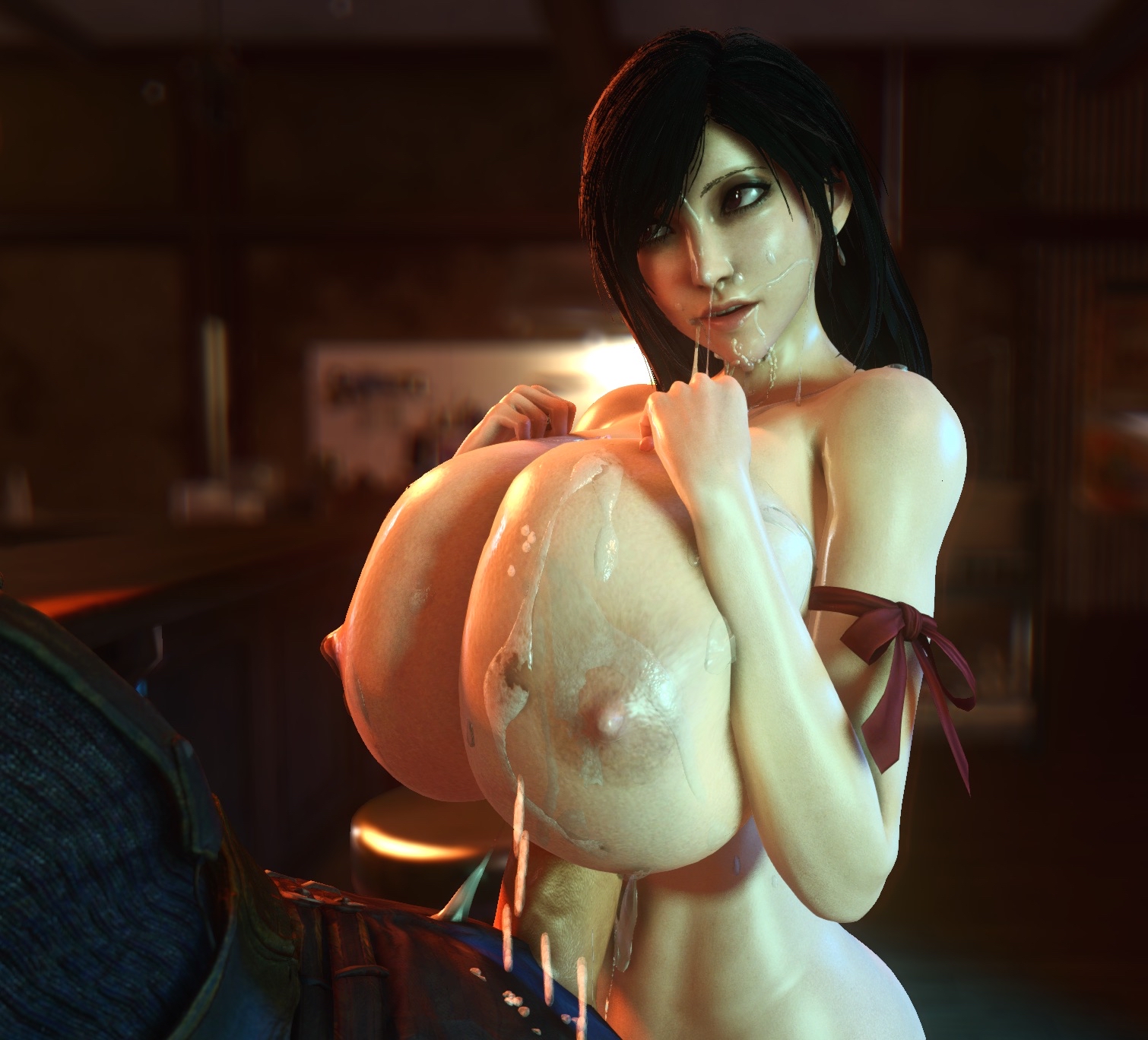 1boy, 1girls, 3d, 3d (artwork), alternate breast size, areolae, bar, bar counter, bar stool, big penis, black hair, breasts, breasts bigger than head, breasts bigger than torso, cloud strife, cum, cum on breasts, cum on face, dark hair, female, female/male, final fantasy, final fantasy vii, final fantasy vii remake, gigantic breasts, huge breasts, human, human female, human male, large penis, long hair, looking at another, looking at partner, looking up, looking up at partner, male, male/female, nipples, penis, straight, straight sex, thick penis, tifa lockhart, unseen male face, vaako, very long hair