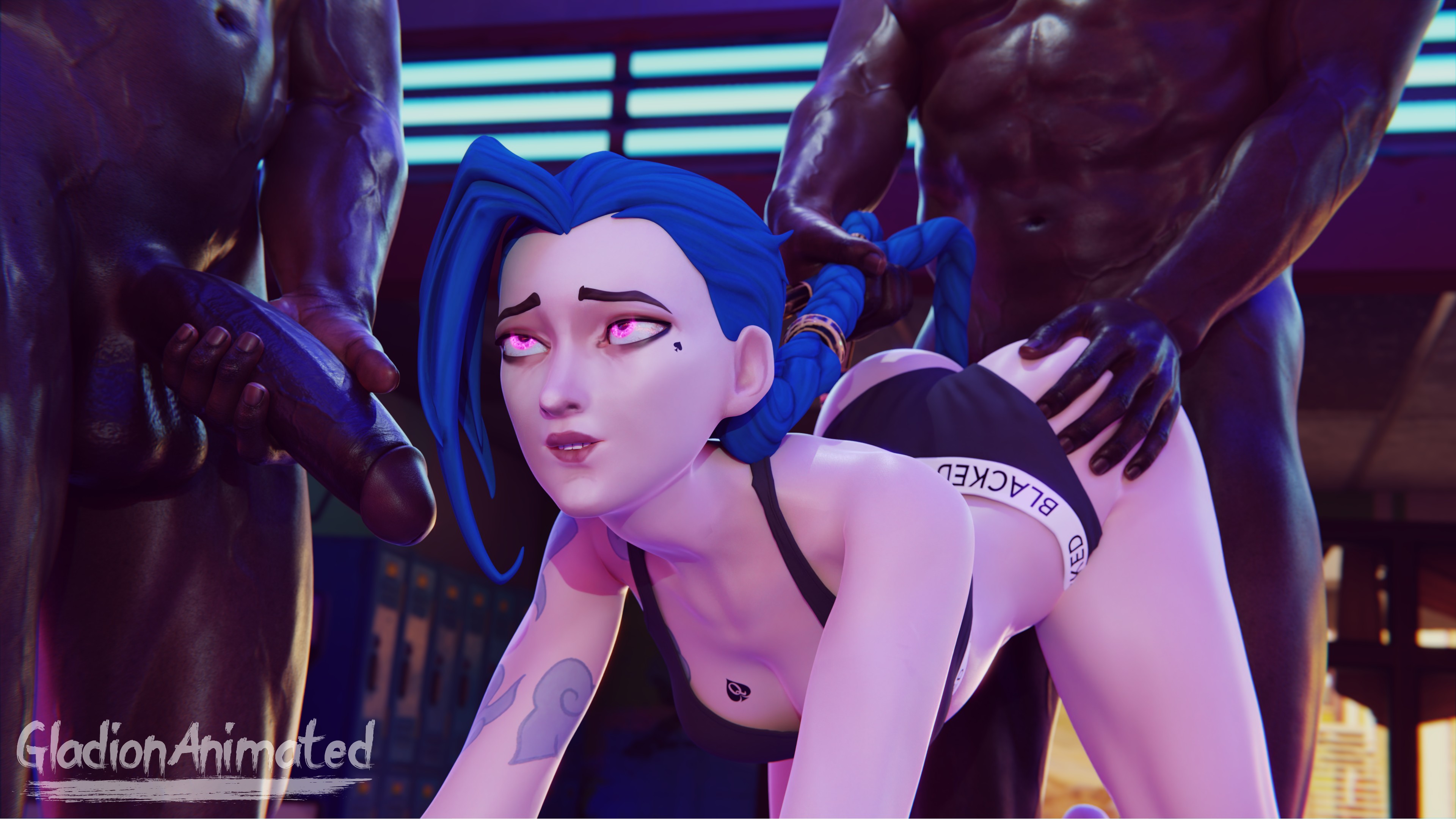 1girls, 2boys, 3d, 3d (artwork), ambiguous penetration, arm tattoo, ass, ass grab, black body, black penis, blacked, blacked clothing, blender, blender (software), blue hair, dark skin, dark-skinned male, doggy style, eyes rolling back, female, gladionanimated, glowing eyes, hair pull, holding penis, imminent fellatio, imminent oral, interracial, jinx (league of legends), league of legends, light skin, light-skinned female, looking pleasured, looking up, male, male/female, pale skin, pale-skinned female, partial male, penis, petite, pink eyes, qos, qos tattoo, queen of spades, rough sex, skin contrast, spade tattoo, standing, standing doggy style, standing sex, tattoo