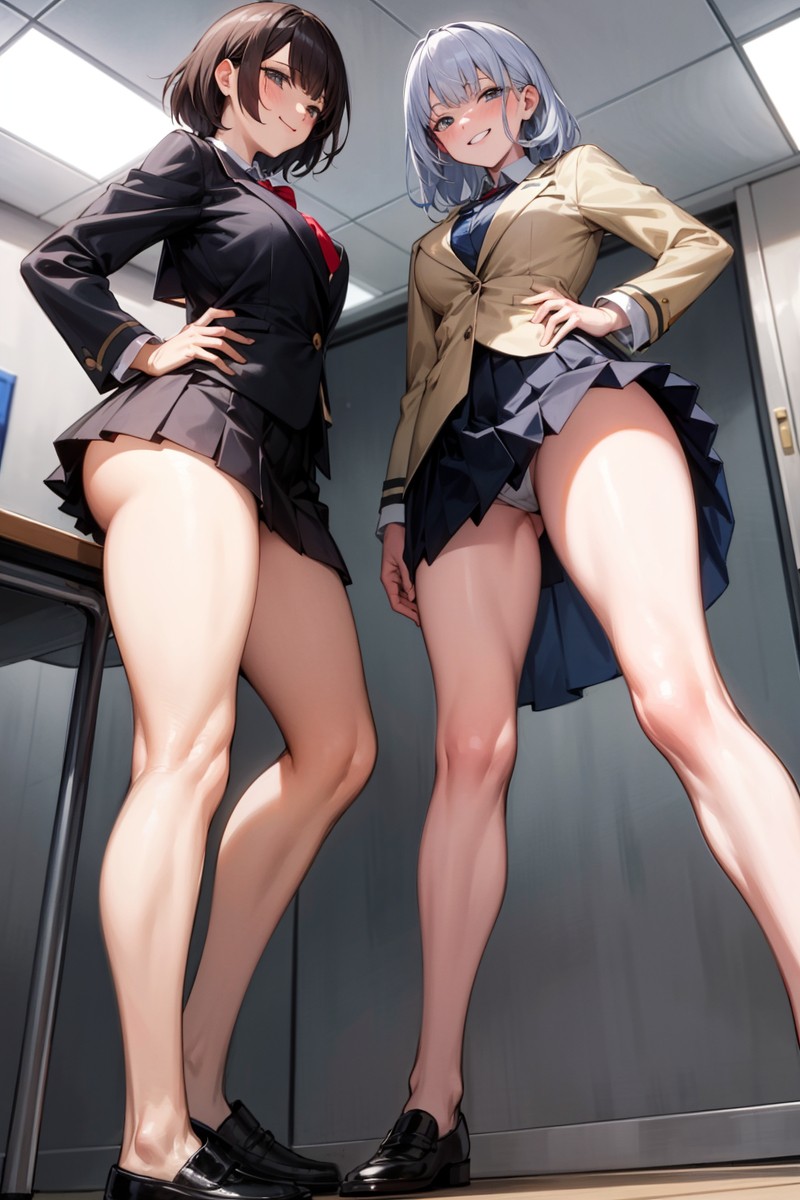 2girls, ai generated, ass, ass visible through thighs, female, legs, looking at viewer, looking down, panties, skirt, stable diffusion, tagme, upskirt