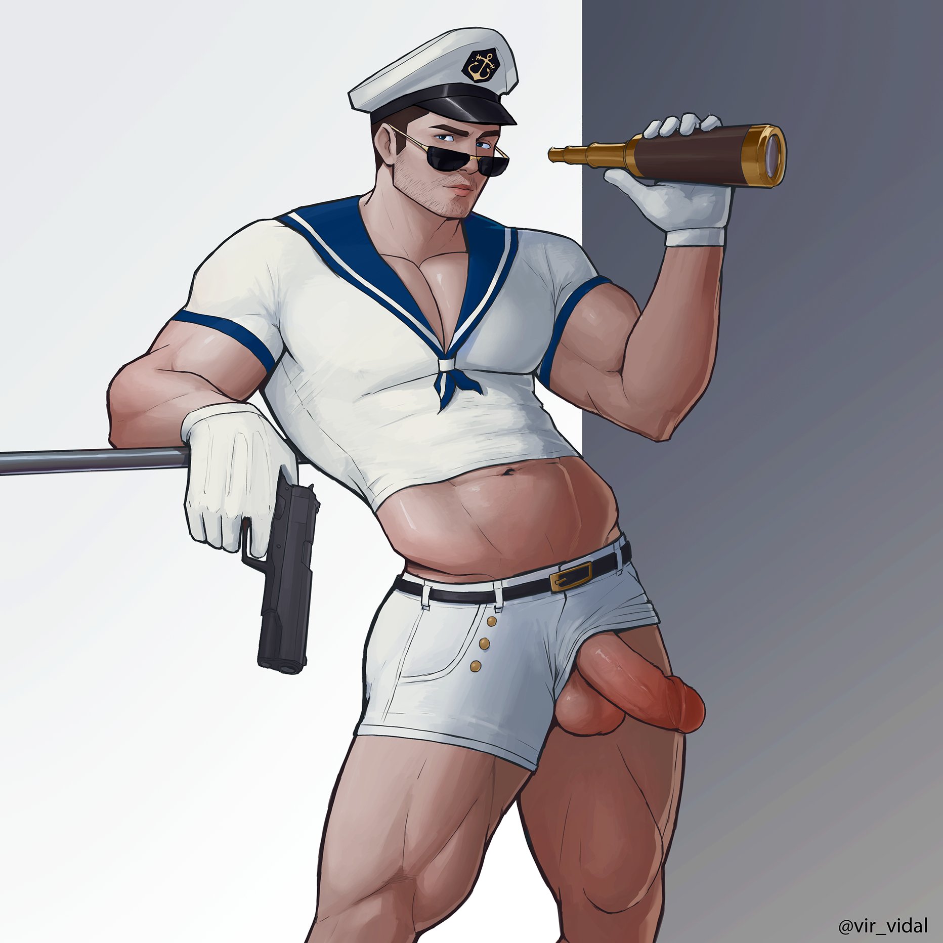 1boy, abs, alternate costume, bara, biceps, boner, bulging biceps, caucasian, caucasian male, chris redfield, circumcised, crop top, erect penis, erection, gay, gay male, hard on, looking at viewer, male, male only, muscles, muscular, muscular male, official alternate costume, pecs, penis, penis out, penis through leghole, resident evil, sailor uniform, short shorts, smooth chest, smooth skin, solo, standing, teasing, thick thighs, veiny penis, video games, vir vidal, yaoi