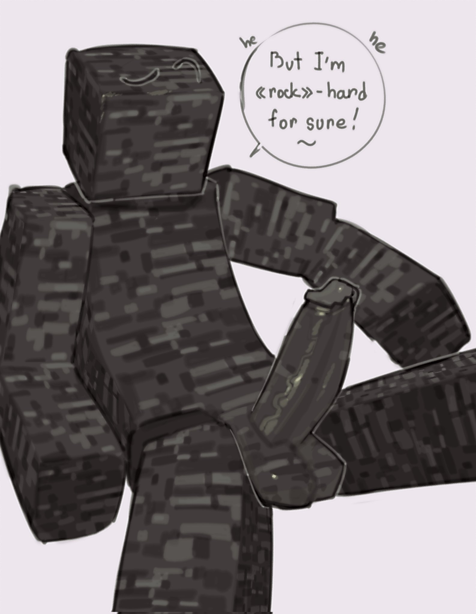 ~, 1boy, animate inanimate, balls, bedrock, color, dialogue, dialogue bubble, elemental creature, erect penis, erection, foreskin, gay, gay male, glistening, glistening penis, grey body, kogito, male, male only, microsoft, minecraft, minecraft anthro block, penis, simple background, solo, uncircumcised, uncut, veiny penis, xbox game studios, yaoi