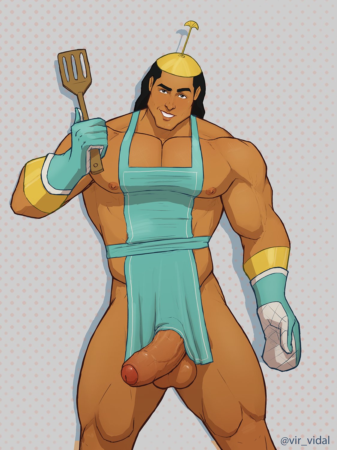 1boy 1male abs apron apron_only balls ballsack biceps big_chest big_cock big_pecs big_penis boner bulging_biceps disney erect_penis erection foreskin hard_on hispanic hispanic_male huge_chest huge_cock huge_pecs kronk latino looking_at_viewer male male_only melanin muscles muscular muscular_male nipples pecs pectorals smooth_chest smooth_skin solo solo_male spatula standing teasing the_emperor's_new_groove thick_thighs thighs uncut veiny_penis vir_vidal