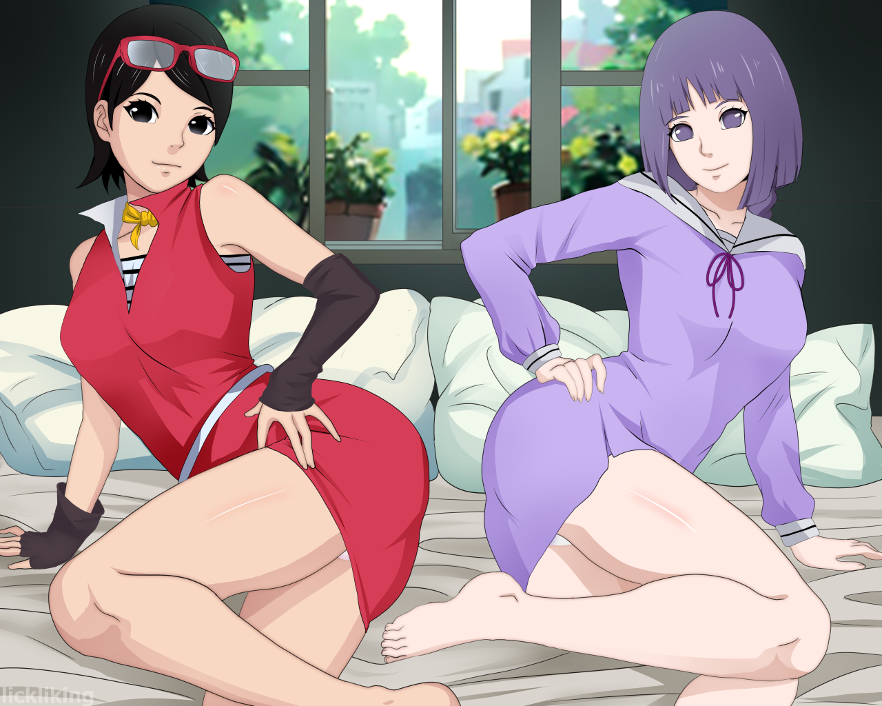 2girls, alternate costume, alternate version available, arm warmers, armwear, ass, ass focus, bare legs, bare thighs, barefoot, bed, bedroom, big ass, big butt, bimbo, black eyes, black hair, bob cut, boruto: naruto next generations, braided hair, braided ponytail, breasts, clothed, clothing, curvaceous, curvy, curvy body, curvy female, curvy figure, dress, eyewear, feet, female, female focus, female only, foot fetish, glasses, glasses on head, hand on hip, hi res, high resolution, highres, indoors, kakei sumire, large ass, lickliking, light skin, light-skinned female, long legs, looking at viewer, matching hair/eyes, medium breasts, medium hair, minidress, multiple females, multiple girls, naruto, naruto (series), on bed, on side, pale skin, pale-skinned female, panties, petite, pillow, ponytail, pose, posing, pov, presenting, presenting ass, presenting hindquarters, purple eyes, purple hair, sarada uchiha, scarf, short hair, shoulder length hair, shounen jump, sitting, sitting on bed, skimpy, skimpy clothes, skimpy dress, smile, smiling, smiling at viewer, teenage female, teenager, tied hair, tight clothing, tight dress, toes, tomboy, uchiha sarada, underwear, wide hips, window