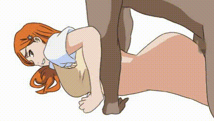 1boy, 1girls, animated, ass, bleach, bottomless, censored, doggy style, female, fucked from behind, inoue orihime, male, male on top, mr trace mosha, orange hair, orange-haired female, partial male, prone bone, questionable consent, school uniform, sex, straight, teenager, topwear, topwear only, unseen male face, white background