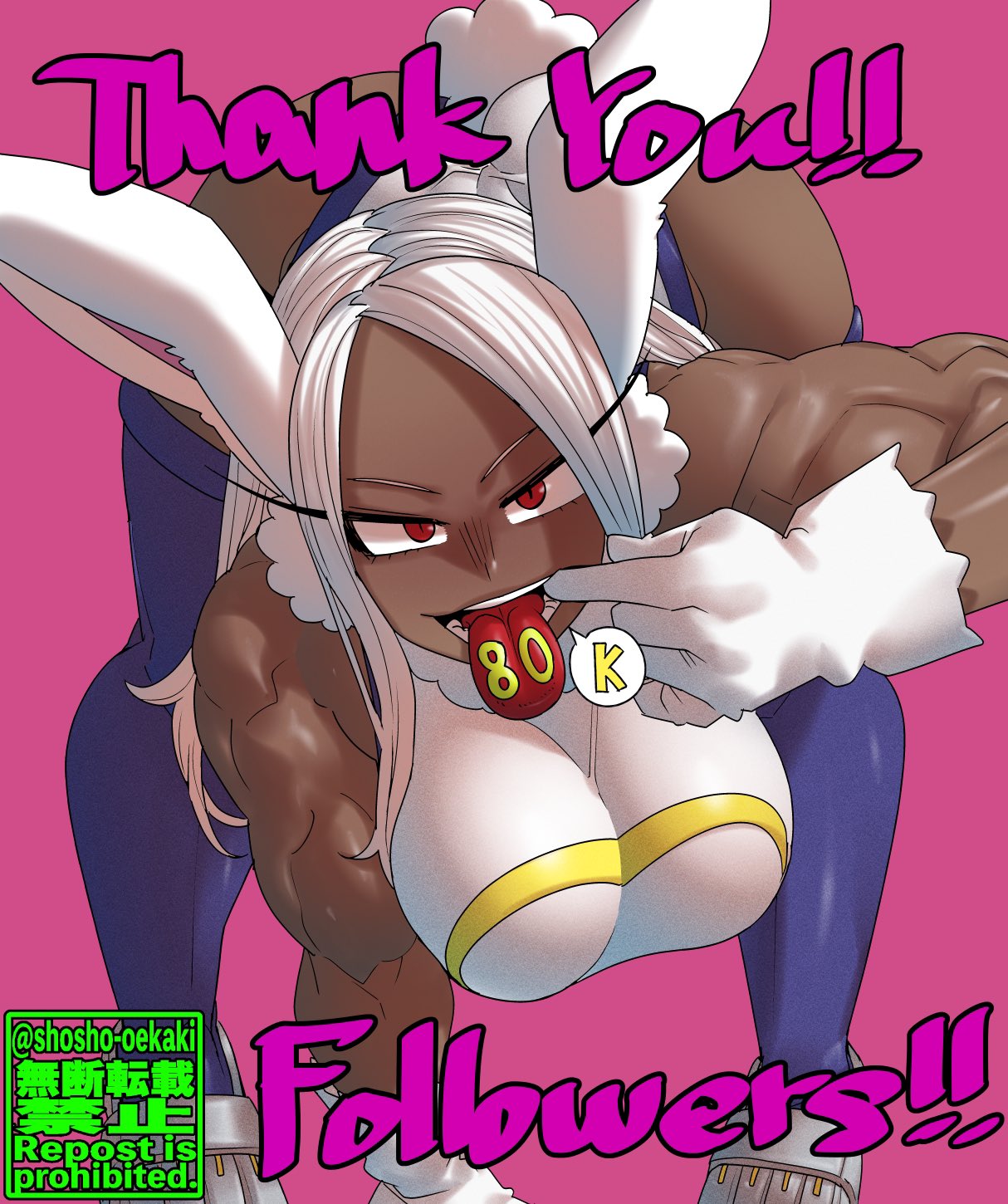 1girls, ass, athletic, athletic female, big breasts, breasts, bunnysuit, dark skin, dark-skinned female, eyebrows, female, female human, female only, fit, fit female, follower celebration, hero outfit (mha), human, kemonomimi, large breasts, leotard, looking at viewer, mature female, milestone celebration, miruko, muscular, muscular female, my hero academia, open mouth, rabbit ears, red hair, rumi usagiyama, shosho oekaki, solo, solo female, solo focus, superhero costume, superheroine, thick thighs, thighhighs, tongue, tongue out, white hair, wide hips