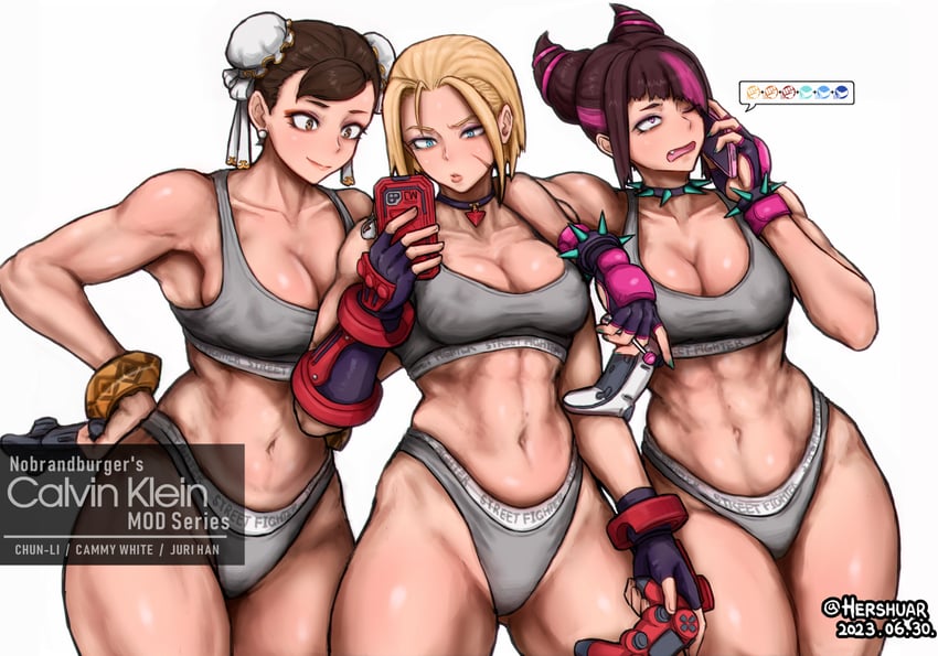 3girls abs arm_on_shoulder asian asian_female biceps big_breasts black_hair blonde_hair bracelet breasts british british_female bun_cover calvin_klein cameltoe cammy_white candy capcom cellphone choker chun-li cleavage collar collarbone controller covered_nipples double_bun dualsense dualshock female female_only fingerless_gloves food game_controller gamepad gloves grey_panties grey_sports_bra hair_bun hair_horns hershuar highleg highleg_panties jewelry juri_han korean korean_female leaning_on_person lollipop multicolored_hair multiple_girls muscular muscular_female navel panties pendant_choker phone playstation_controller scar scar_on_cheek scar_on_face smartphone smile spiked_bracelet spiked_collar spikes sports_bra stomach streaked_hair street_fighter street_fighter_6 thick_thighs thighs underwear underwear_writing