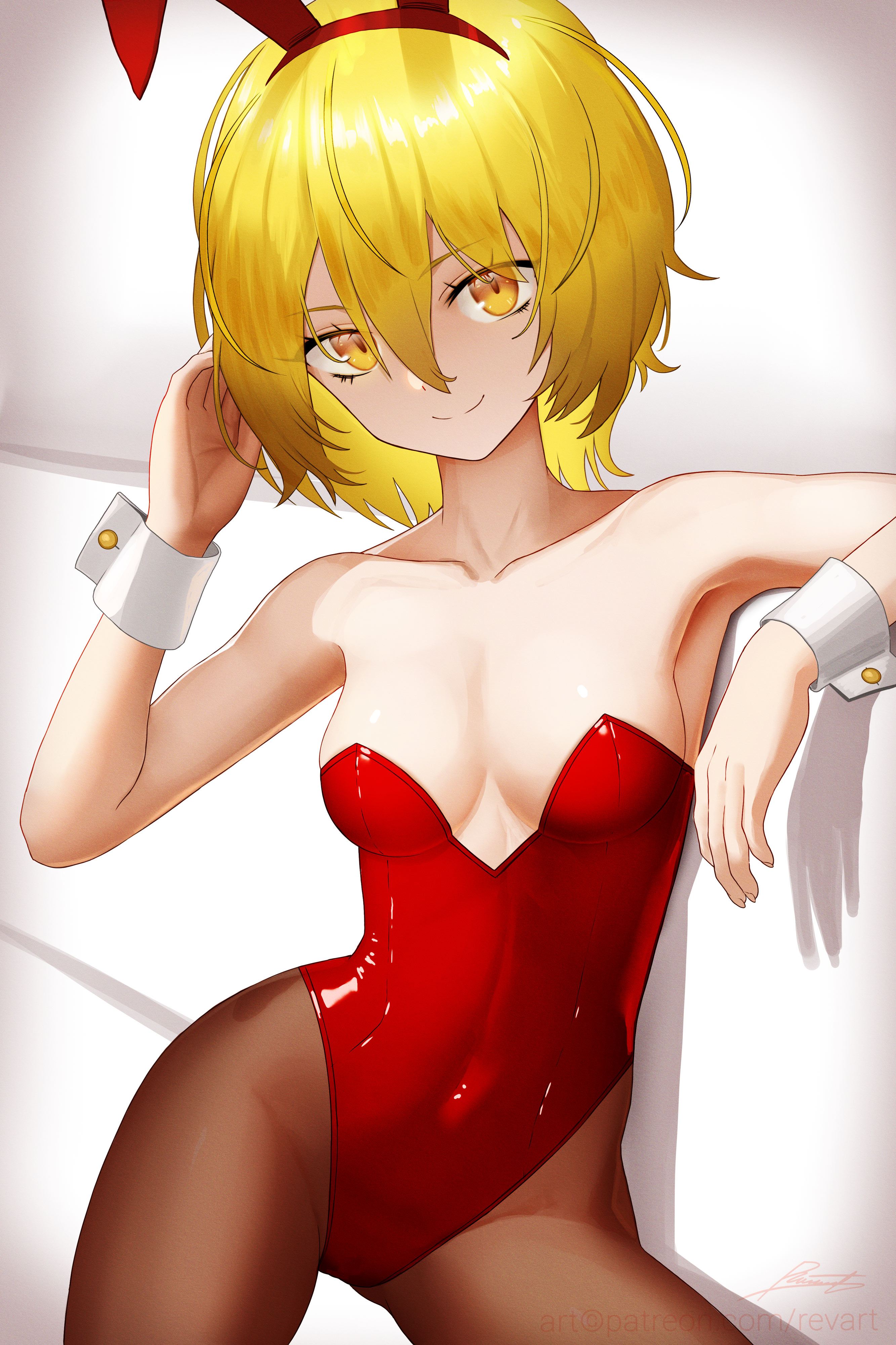 blonde hair, breasts, bunny ears, bunnysuit, don quixote (limbus company), female, limbus company, pantyhose, project moon, revenantart, small breasts, wide hips