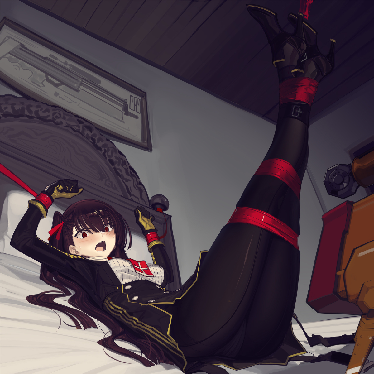 1girls, angry, bed, bondage, boots, bound, bound to bed, clothes, clothing, feet up, female, female only, girls' frontline, helpless, kaddo, looking at viewer, on back, on bed, scared, solo, tied to bed, tied up, unwilling, wa2000 (girls' frontline)