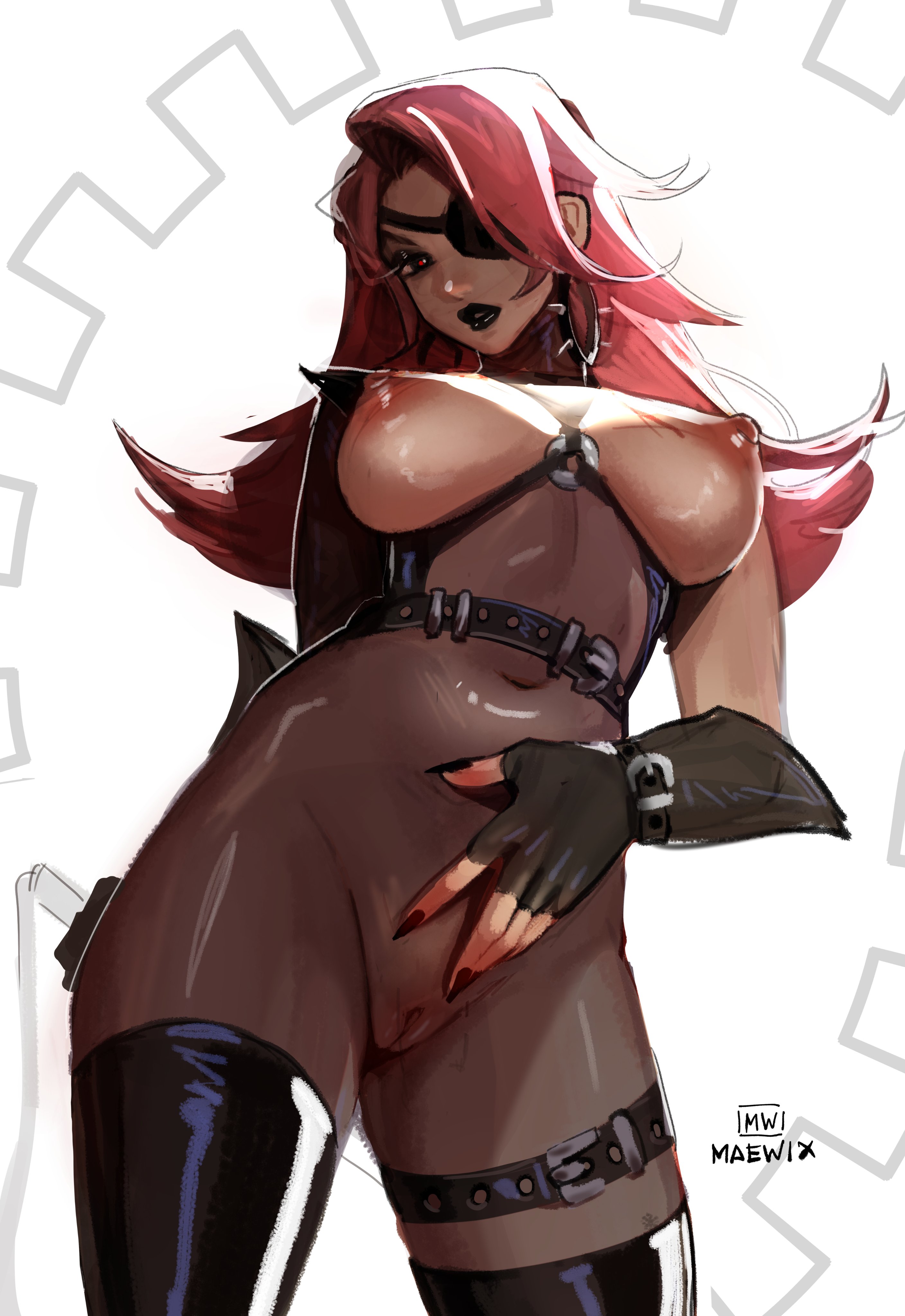 1girls, absurd res, areolae, black fingernails, black lipstick, bodystocking, breasts, dominatrix, eyepatch, female, female only, fingerless gloves, long fingernails, long hair, looking at viewer, maewix1, narrowed eyes, nipples, pussy, red hair, see-through, see-through clothing, solo, thick thighs
