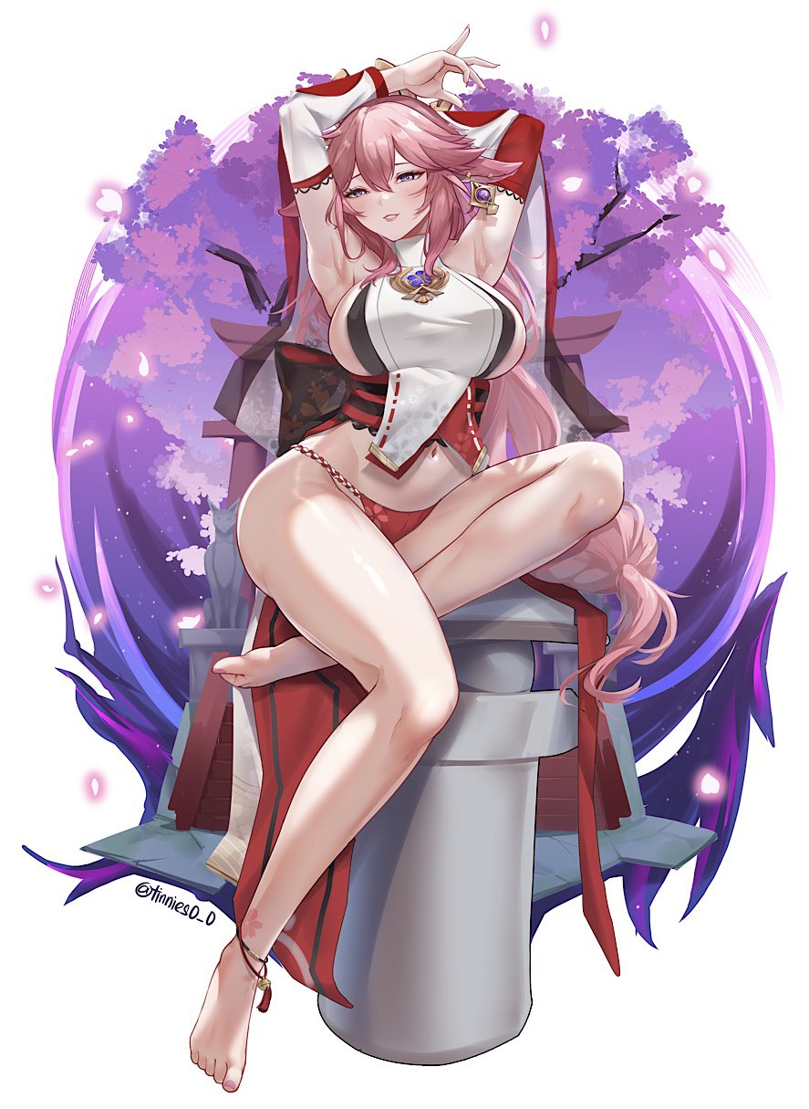 1girls animal_ears arms_up big_breasts earrings female female_only genshin_impact japanese_clothes large_breasts legs long_hair looking_at_viewer panties pink_hair purple_eyes solo solo_female thick thick_thighs thighs tinnies voluptuous yae_miko