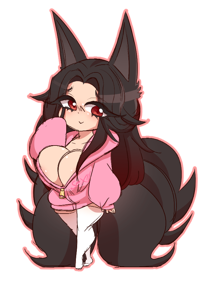 areolae black_hair byternomar chibi cute female fen_zhaowu fox fox_ears fox_girl fox_tail hoodie horny kitsune large_breasts naked nipple_slip not_ai_generated original original_character smiling solo wardrobe_malfunction