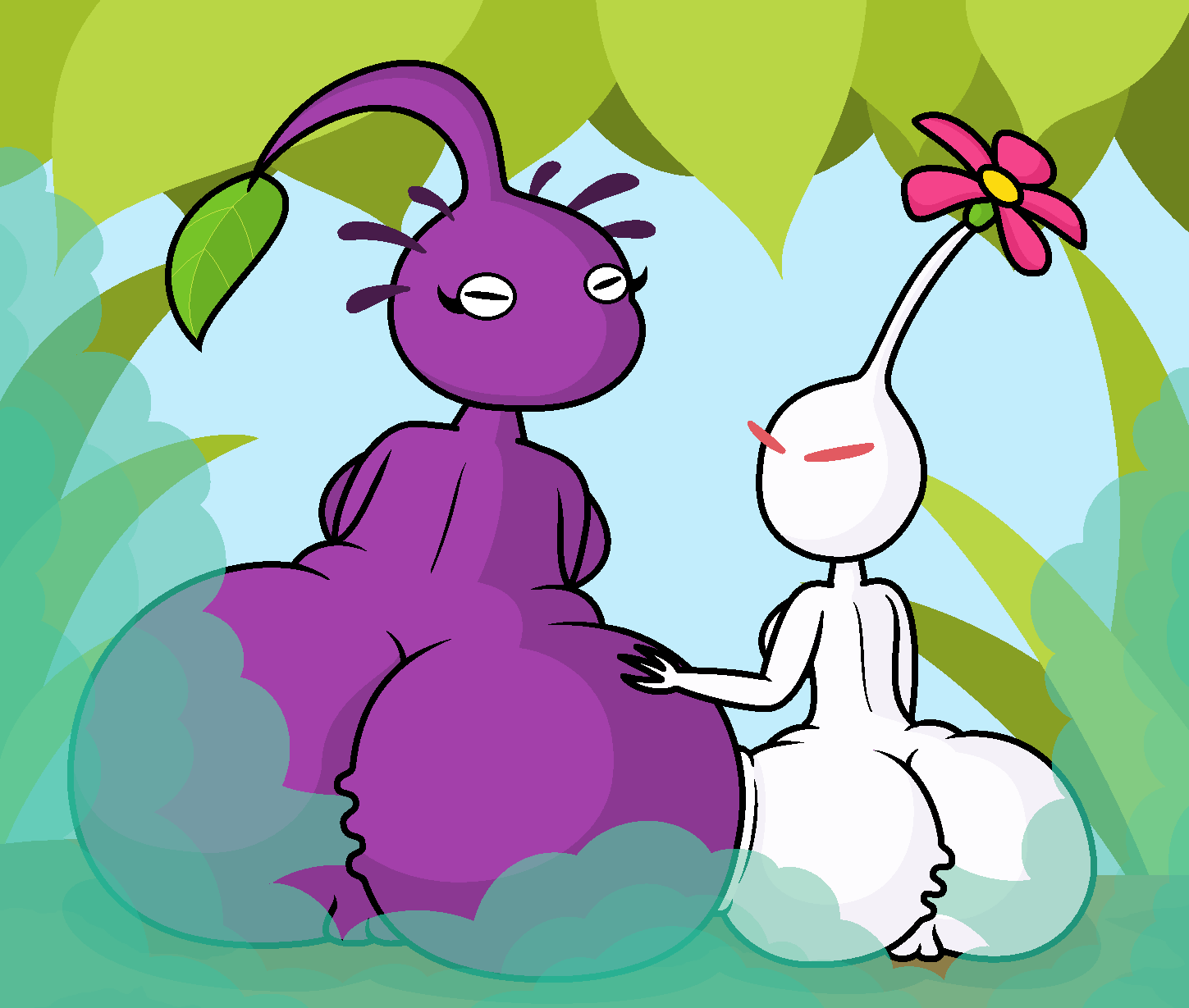 ass big_ass brap chubby czartheczar fart fart_fetish flower leaf pikmin purple_pikmin purple_skin red_eyes size_difference squish white_pikmin white_skin