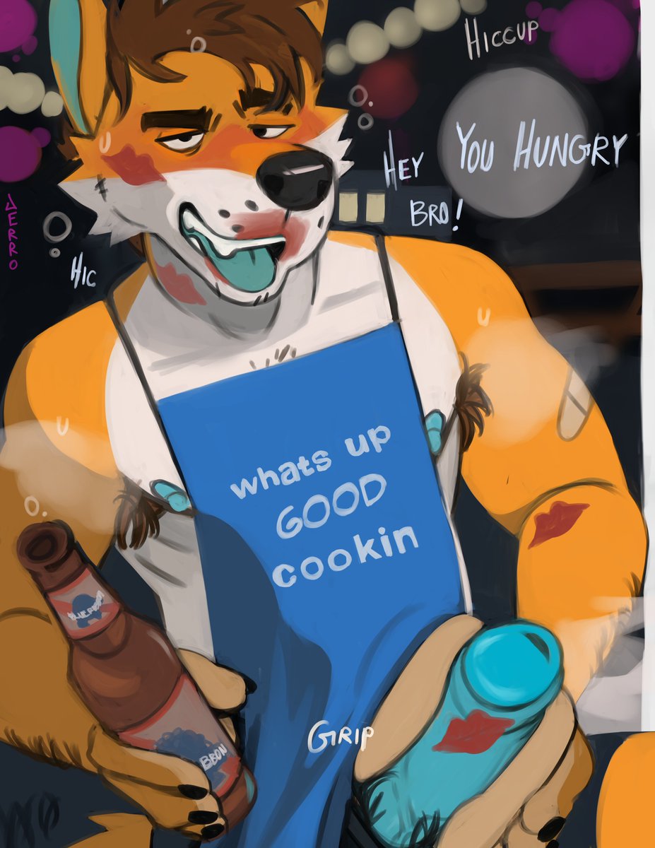 anthro apron beer_bottle bottle canid canine clothing container foreskin fox genitals hi_res humanoid_genitalia humanoid_penis jerro male mammal nipples penis solo tagme uncut