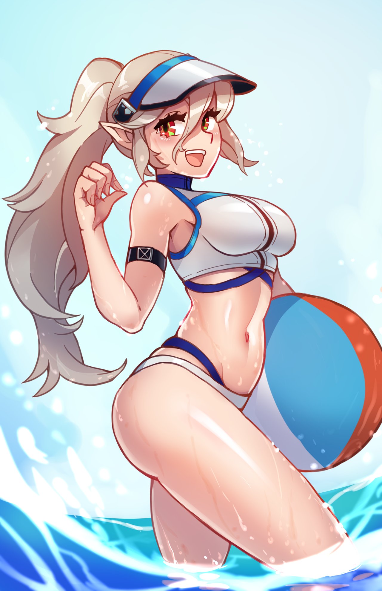 1girls alternate_costume alternate_hairstyle arknights armband armpits ball beachball bikini breasts corrin_(female)_(fire_emblem) corrin_(fire_emblem) cosplay crossover_cosplay female female_only fire_emblem fire_emblem_fates hakuramen highres holding holding_ball holding_beachball looking_to_the_side medium_breasts navel nintendo open_mouth partially_submerged pointy_ears ponytail red_eyes sideroca_(arknights) sideroca_(arknights)_(cosplay) sideroca_(light_breeze)_(arknights) smile solo swimsuit upper_body visor_cap water wet white_bikini white_hair white_swimsuit