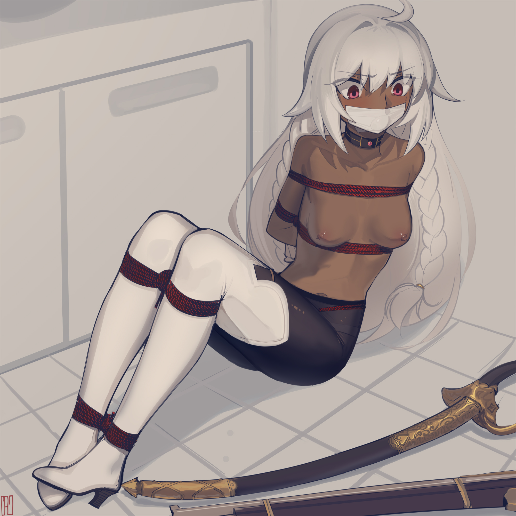 1girls, arms behind back, bondage, boots, bound, choker, dark skin, dark-skinned female, fate (series), female, female only, gag, helpless, kaddo, lakshmibai (fate/grand order), pantyhose, rope, rope bondage, solo, tape gag, thigh boots, tied up, twin braids, white hair