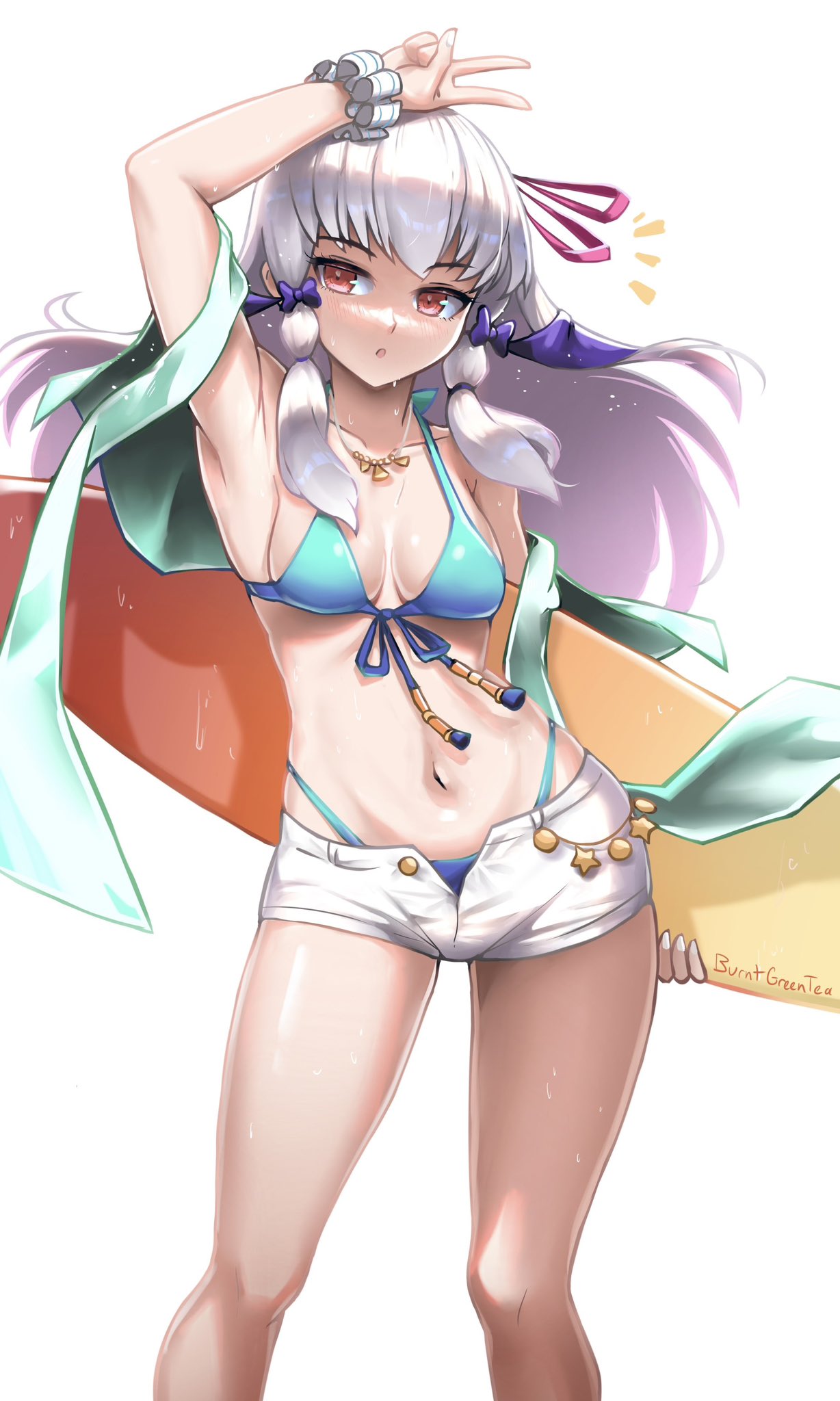 1girls :o alternate_costume armpits artist_name bikini blue_bikini blue_swimsuit blush breasts burnt_green_tea collarbone commentary english_commentary female female female_only fire_emblem fire_emblem:_three_houses floating_hair hair_between_eyes hair_ribbon highres holding holding_surfboard jewelry long_hair looking_at_viewer lysithea_von_ordelia navel necklace nintendo pink_eyes pink_ribbon ribbon short_shorts shorts simple_background small_breasts solo stomach surfboard swimsuit v wet white_background white_hair white_shorts