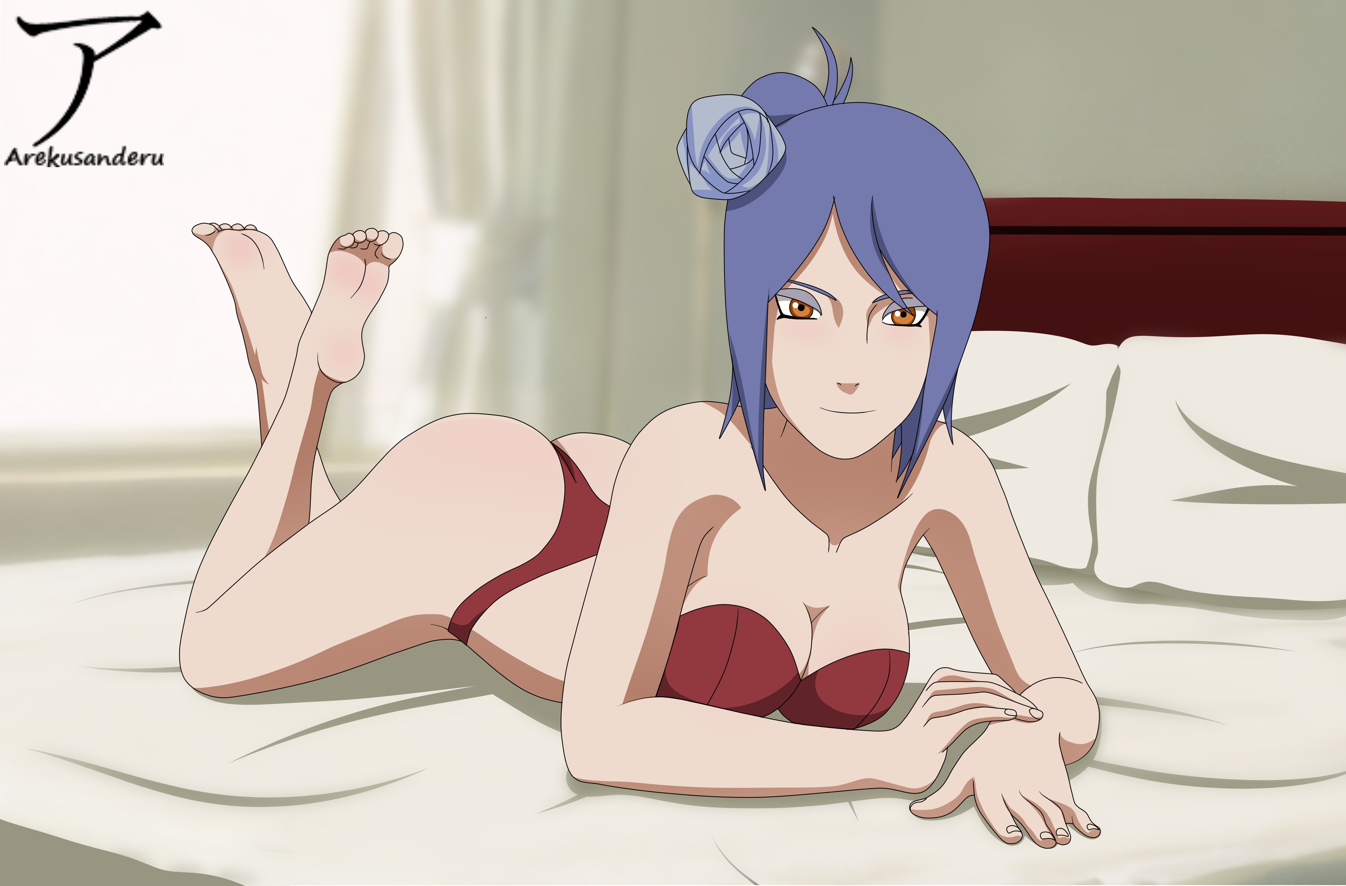 1girls, arekusanderu, ass, bare legs, bare shoulders, barefoot, big ass, big breasts, blue hair, bra, breasts, clavicle, crossed legs, feet, feet up, female, female only, flower, flower in hair, hair ornament, konan, long hair, looking at viewer, lying, lying on bed, lying on stomach, makeup, mascara, naruto, naruto (series), naruto shippuden, on bed, on stomach, orange eyes, panties, smile, smiling, smiling at viewer, soles, solo, solo focus, strapless, strapless bra, toes, underwear