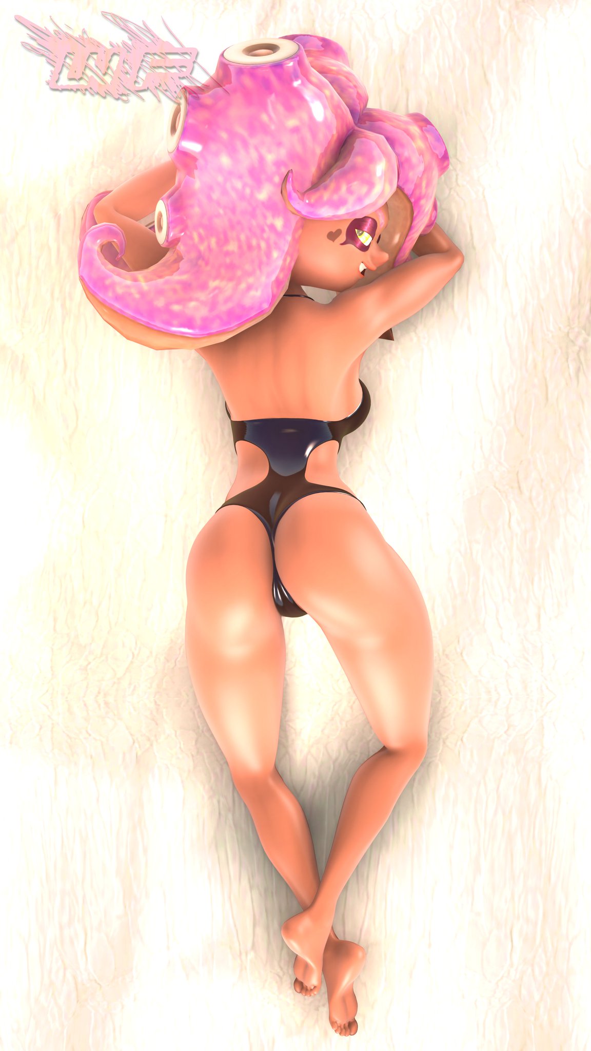 3d 3d_(artwork) ass body_pillow desti_(smg4) laying_on_stomach octoling_girl one-piece_swimsuit pink_hair smg4 wing_fury