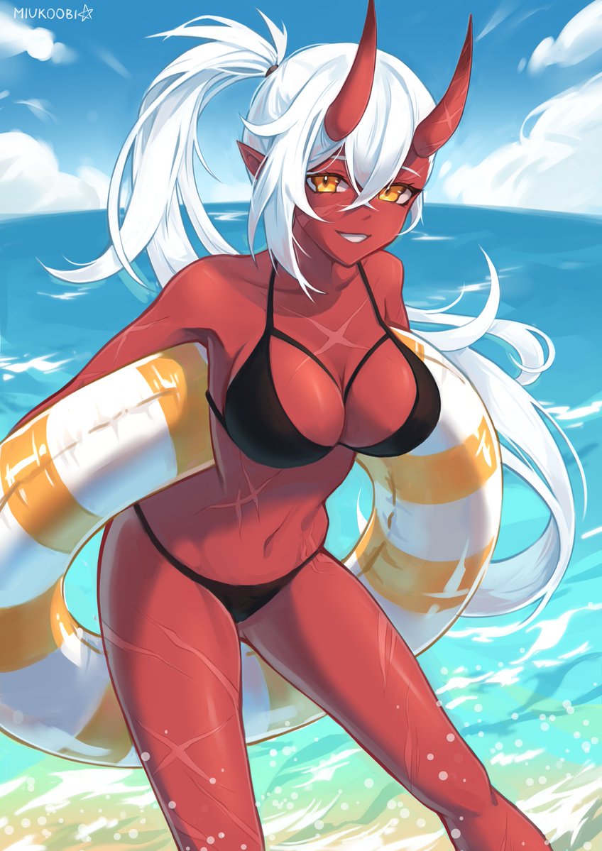 1girls, akumi, armpits, bare shoulders, big breasts, bikini, breasts, cleavage, clothed, clothes, clothing, female, female only, hips, large breasts, navel, oni, oni horns, red skin, scars, solo, solo female, thick, thick thighs, thighs, virtual youtuber, vyugen, white hair, wide hips, yellow eyes