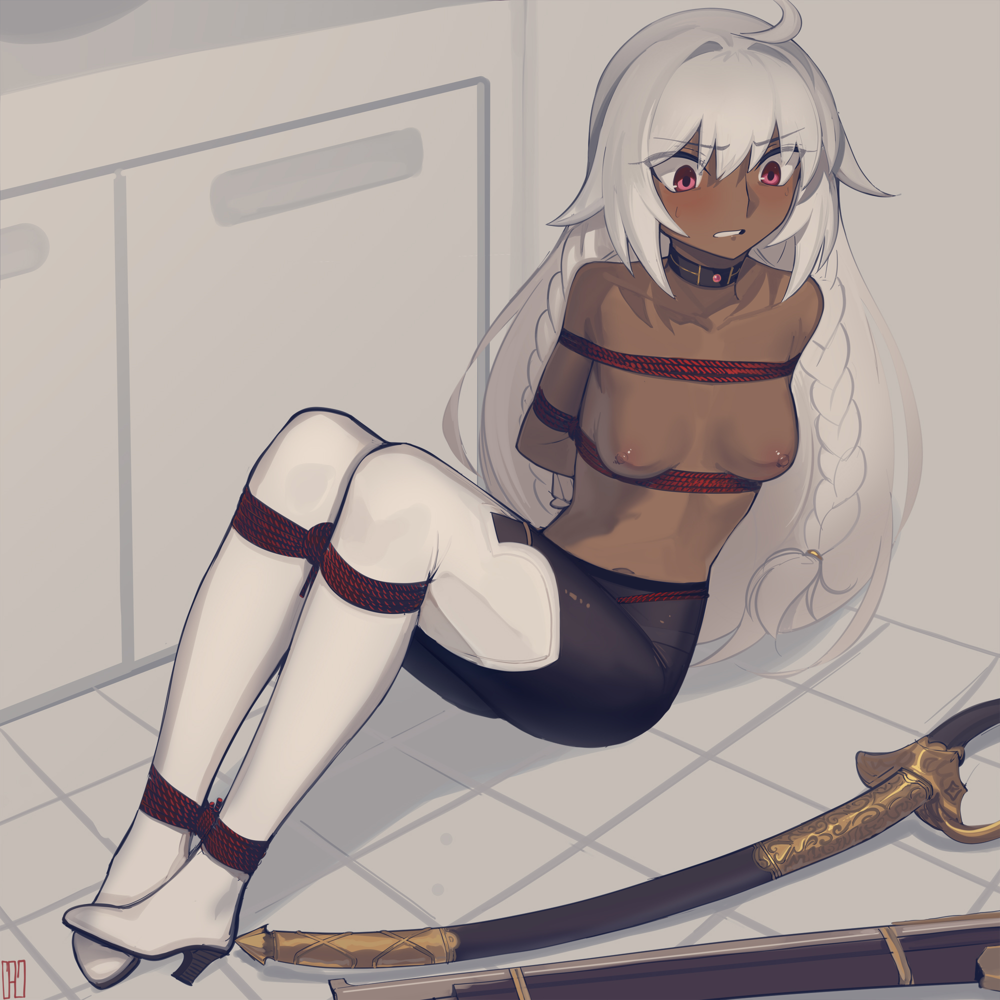 1girls, arms behind back, bondage, boots, bound, choker, dark skin, dark-skinned female, fate (series), female, female only, helpless, kaddo, lakshmibai (fate/grand order), pantyhose, rope, rope bondage, solo, thigh boots, tied up, twin braids, white hair