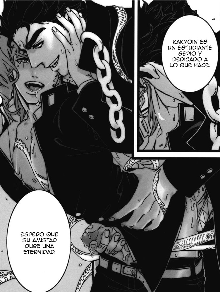 2boys anal clothed_sex gay jojo's_bizarre_adventure jotaro_kujo male male/male male_only male_penetrated male_penetrating male_penetrating_male masturbating_other masturbation noriaki_kakyoin nurunuru_(artist) penetration spanish_text stardust_crusaders yaoi