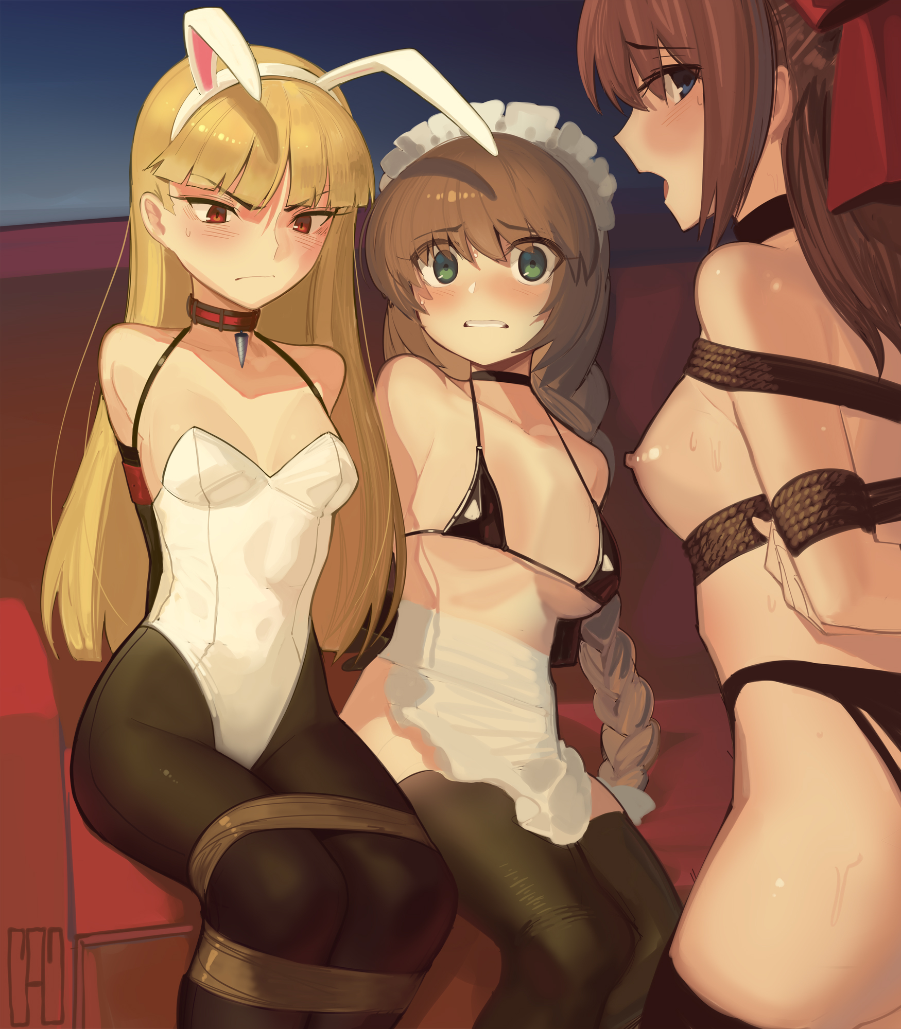 3girls, angry, arms behind back, bondage, bound, female, female only, femsub, helpless, kaddo, looking at viewer, multiple females, multiple girls, revealing clothes, rope, scared, tied up