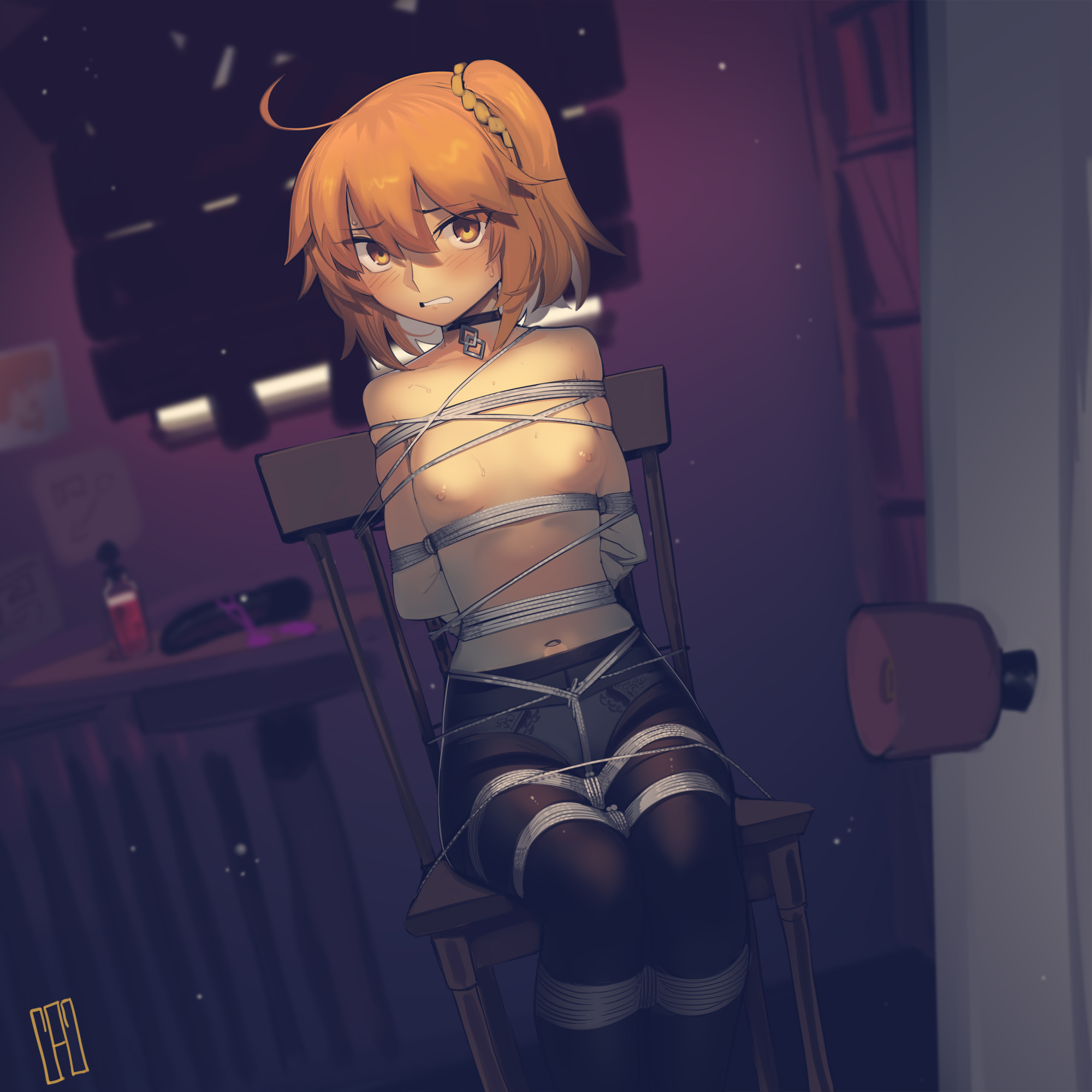 1girls, arms behind back, bondage, bound, bound to chair, fate/grand order, female, female only, fujimaru ritsuka (female), helpless, kaddo, looking at viewer, solo, tied to chair, tied up