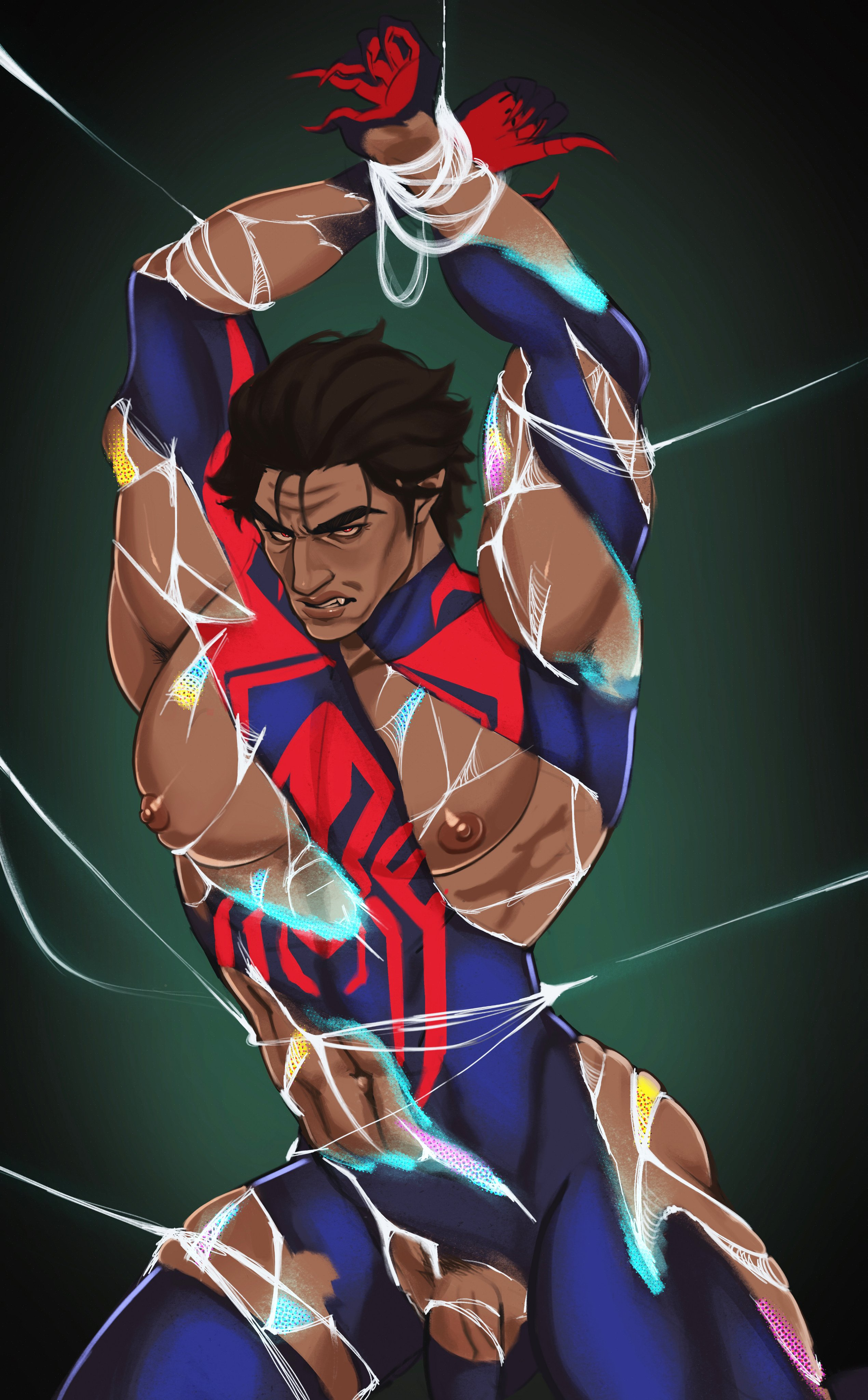 1boy, abs, balls, bara, biceps, big penis, bondage, bulge, eye contact, flaccid, flaccid penis, gay, hi res, highres, hispanic, hispanic male, male, male focus, male only, male pubic hair, marvel, marvel comics, miguel o'hara, muscular, muscular male, no male underwear, penis, pubic hair, ripped clothing, solo, solo male, spider-man, spider-man (series), spider-man 2099, spider-man: across the spider-verse, tight clothing, vein, veiny penis, yaoi