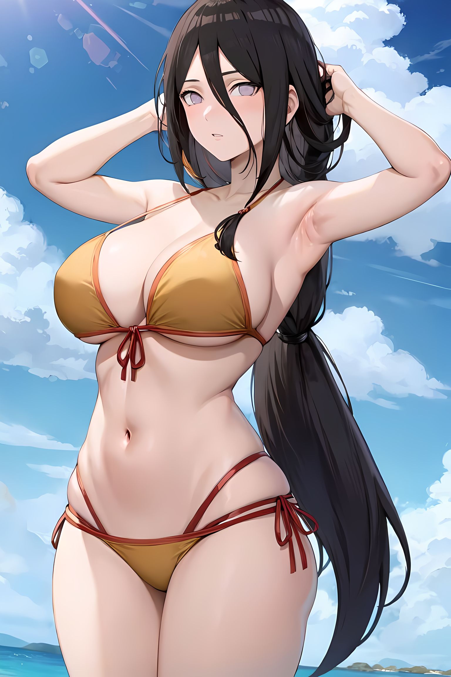 1girls, ai generated, beach, big breasts, bikini, bikini bottom, bikini top, blush, boruto: naruto next generations, breasts, brown hair, cleavage, curvaceous, female, huge breasts, hyuuga hanabi, large breasts, legs together, long hair, looking at viewer, low ponytail, low-tied long hair, midriff, nai diffusion, naruto, naruto (series), oppai, outdoors, purple eyes, seaside, solo, stable diffusion, swimsuit, very long hair, voluptuous