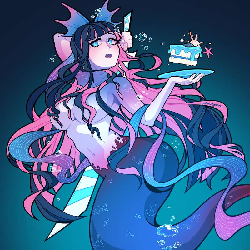 1girls, 2023, black hair, blue eyes, breasts, cottonwings, female, female only, merfolk, mermaid, mermaid tail, multicolored hair, panty & stocking with garterbelt, pink hair, solo, stocking anarchy, tagme