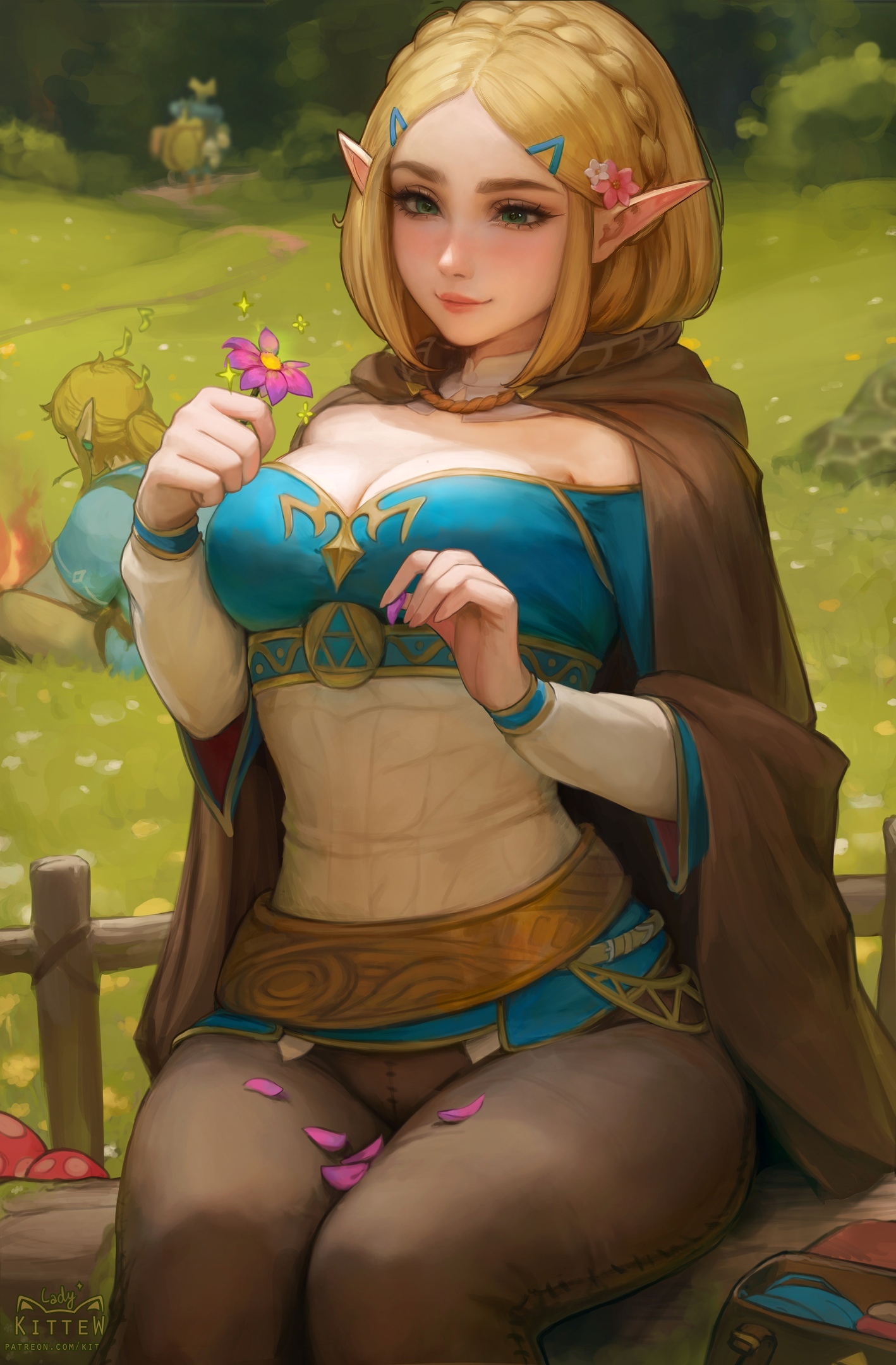 1girls, big breasts, blonde hair, blush, breasts, cape, chest, cleavage, clothed, clothes, exhibitionism, eyelashes, female, female only, flower, flower in hair, holding flower, kittew, light skin, light-skinned female, link, lips, nose, outdoors, outside, petals, pointy ears, princess zelda, short hair, sitting, solo, tears of the kingdom, the legend of zelda, thick thighs, thighs, turquoise eyes, uniform, zelda (tears of the kingdom)