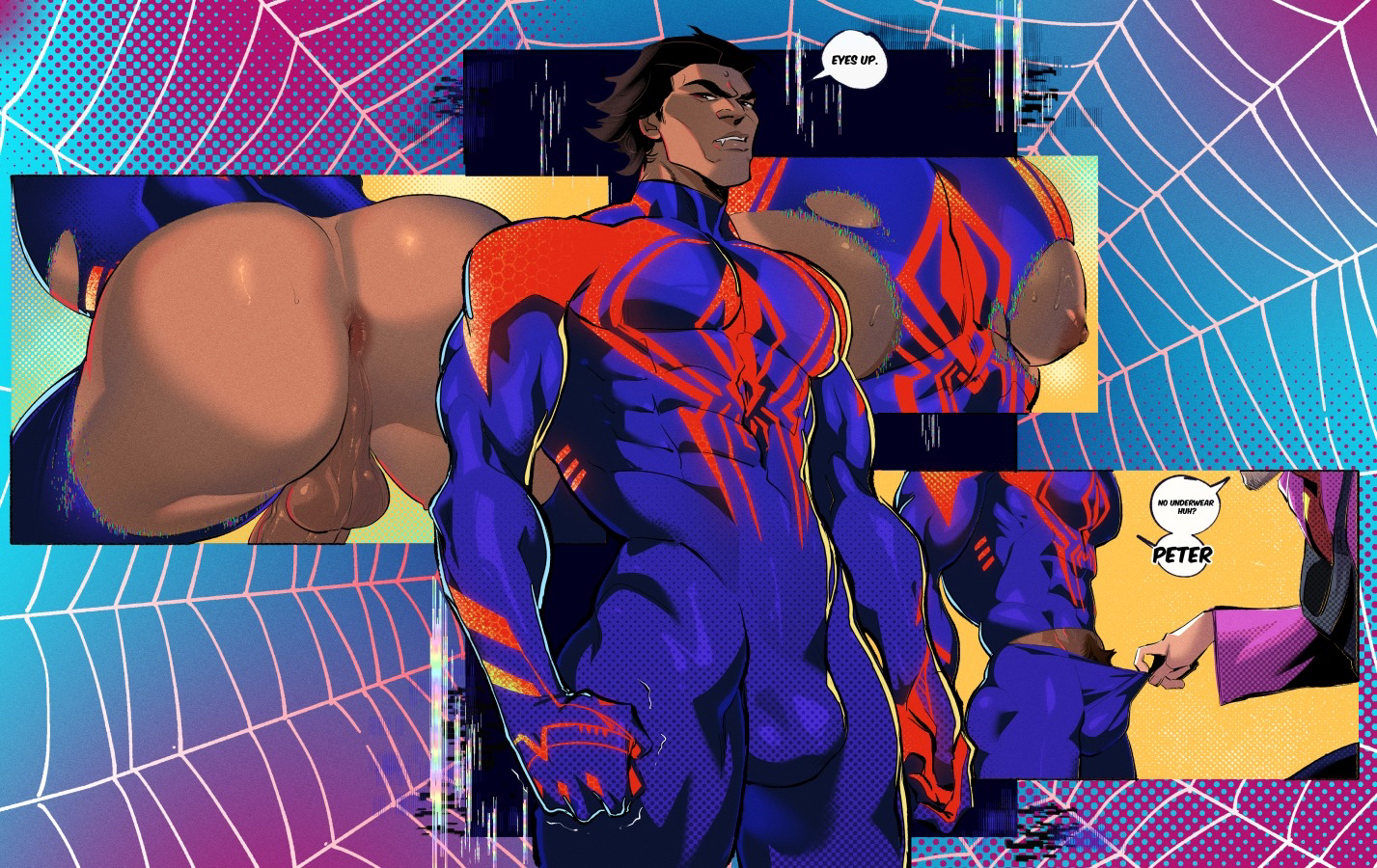 2boys, abs, ass, balls, bara, biceps, big penis, boner, bulge, comic, comic page, comic panel, erection, flaccid, gay, hispanic, hispanic male, kukumomo, male, male focus, male only, male/male, marvel, marvel comics, miguel o'hara, muscular, muscular male, no male underwear, penis, penis outline, peter b parker, ripped clothing, solo, solo male, spider-man, spider-man (series), spider-man 2099, spider-man: across the spider-verse, tight clothing, vein, veiny penis, yaoi