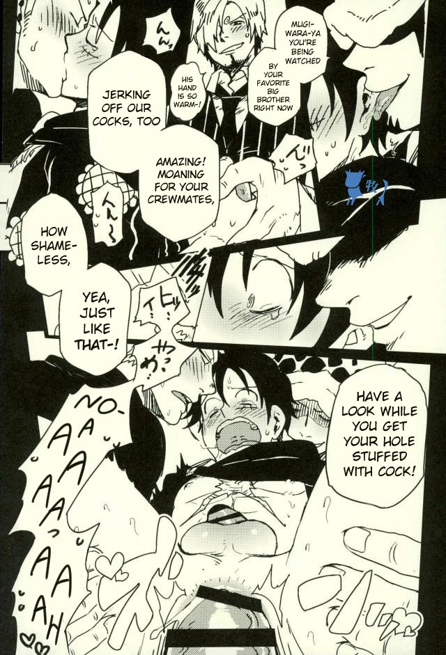 anal, anal sex, black and white, blush, comic, doujin, doujinshi, english, english dialogue, english text, gangbang, gay, male, male only, male/male, monkey d luffy, monochrome, one piece, roronoa zoro, speech bubble, sy yumiya, tagme, trafalgar law, translated, vinsmoke sanji, yaoi