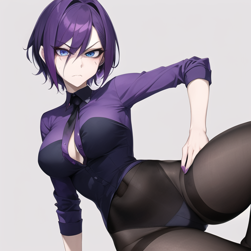 1girls, ai generated, annoyed, black pantyhose, black tie, cleavage, displeased, eyebrows visible through hair, female, grey background, light skin, light-skinned female, looking at viewer, nemus waifu generator, pale skin, pale-skinned female, pantyhose, pooplool, purple hair, purple nails, purple shirt, short hair, simple background, slim female, slim waist, solo, thin arms, thin female, tie, unhappy female, zone-tan