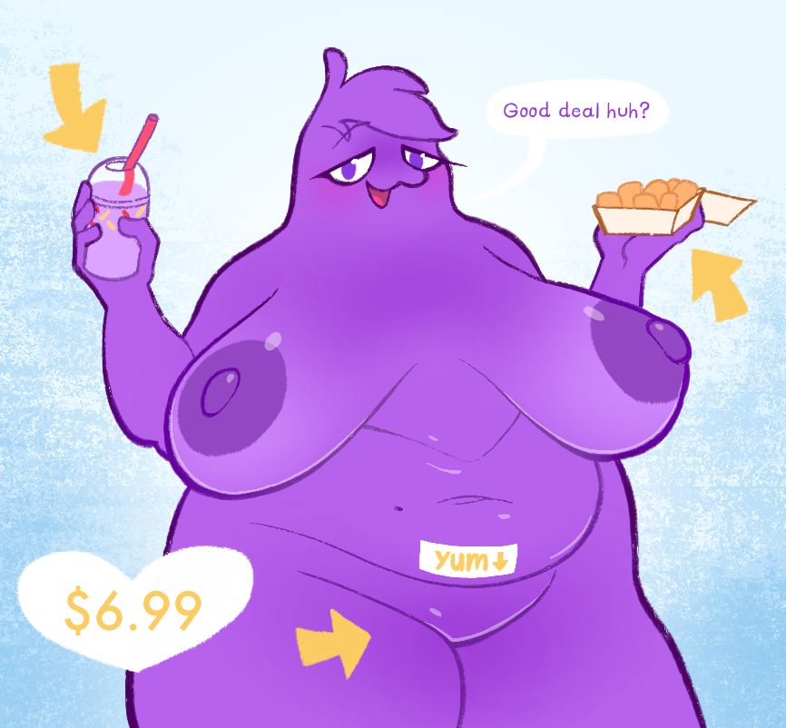 abstract_background anthro areola beauty_mark blush breasts chicken_nuggets dialogue english_text eyelashes female food grimace grimace_(mcdonald's) grimace_birthday_shake grimace_shake kaboozey looking_at_viewer mcdonald's nipples nude obese overweight purple_body rule_63 solo text