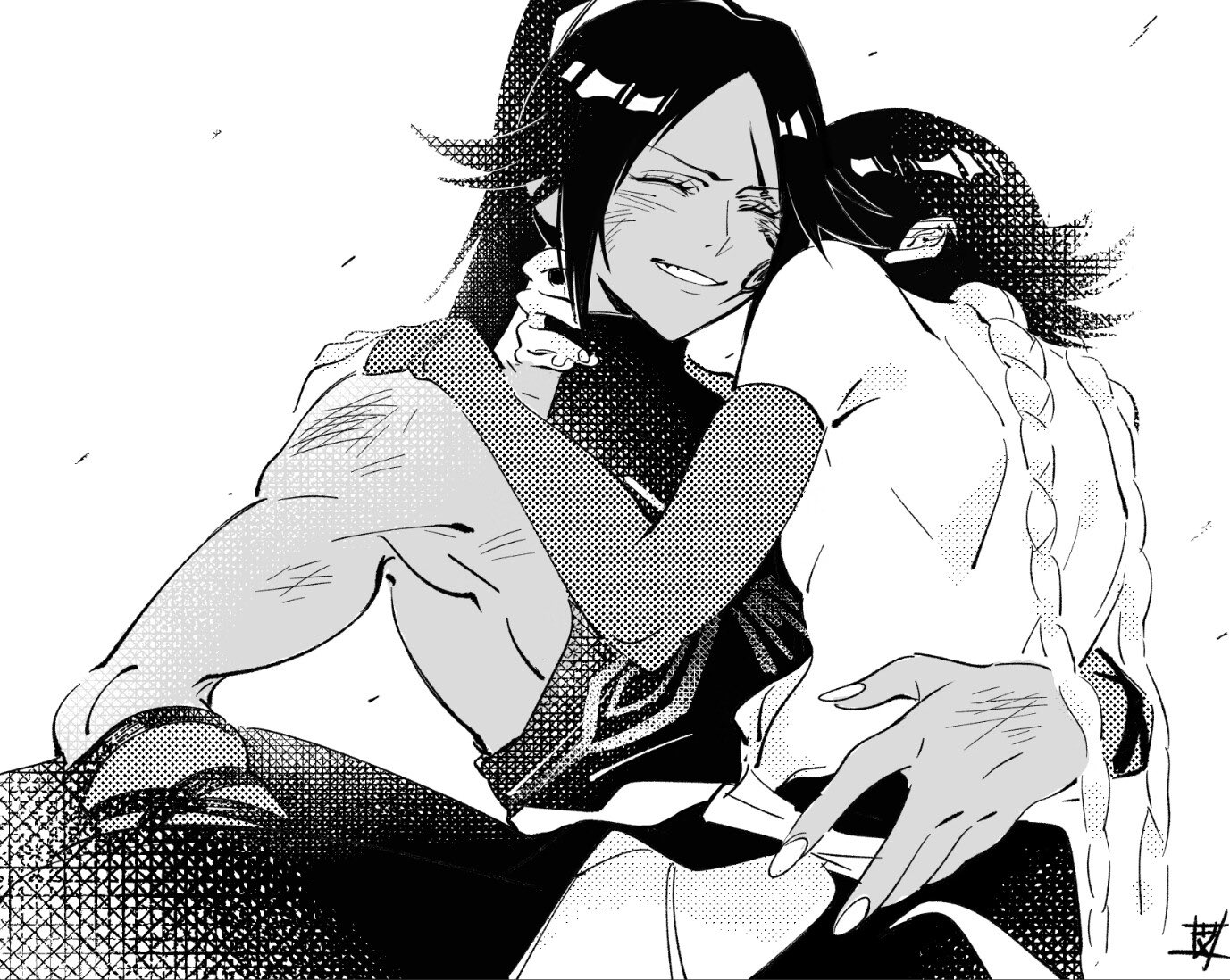 2girls, bleach, carrying, carrying person, closed eyes, cuddling, ebi draw, female, hug, implied sex, monochrome, multiple females, multiple girls, shihouin yoruichi, smile, soifon, sui-feng, teacher and student, yuri