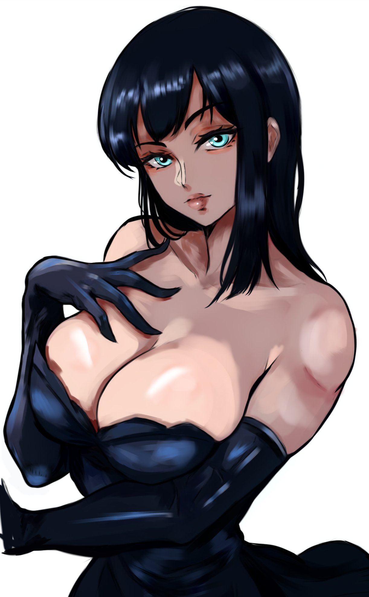 1girls, anime, big breasts, black dress, black hair, black-haired female, blue eyes, breasts, clay vivi, dress, female, female only, gloves, hand on breast, large breasts, long gloves, long hair, manga, nico robin, one piece, pre-timeskip, shoulder length hair, solo, solo female, tan skin