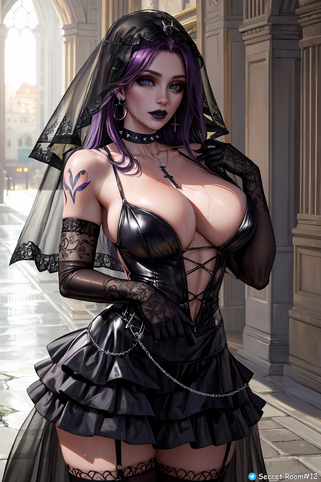 ai_generated black_lipstick black_veil elbow_gloves garter_straps goth goth_bride goth_girl original_character secret_room12 shoulder_tattoo spiked_collar stable_diffusion stockings thighhighs wedding_dress wedding_veil