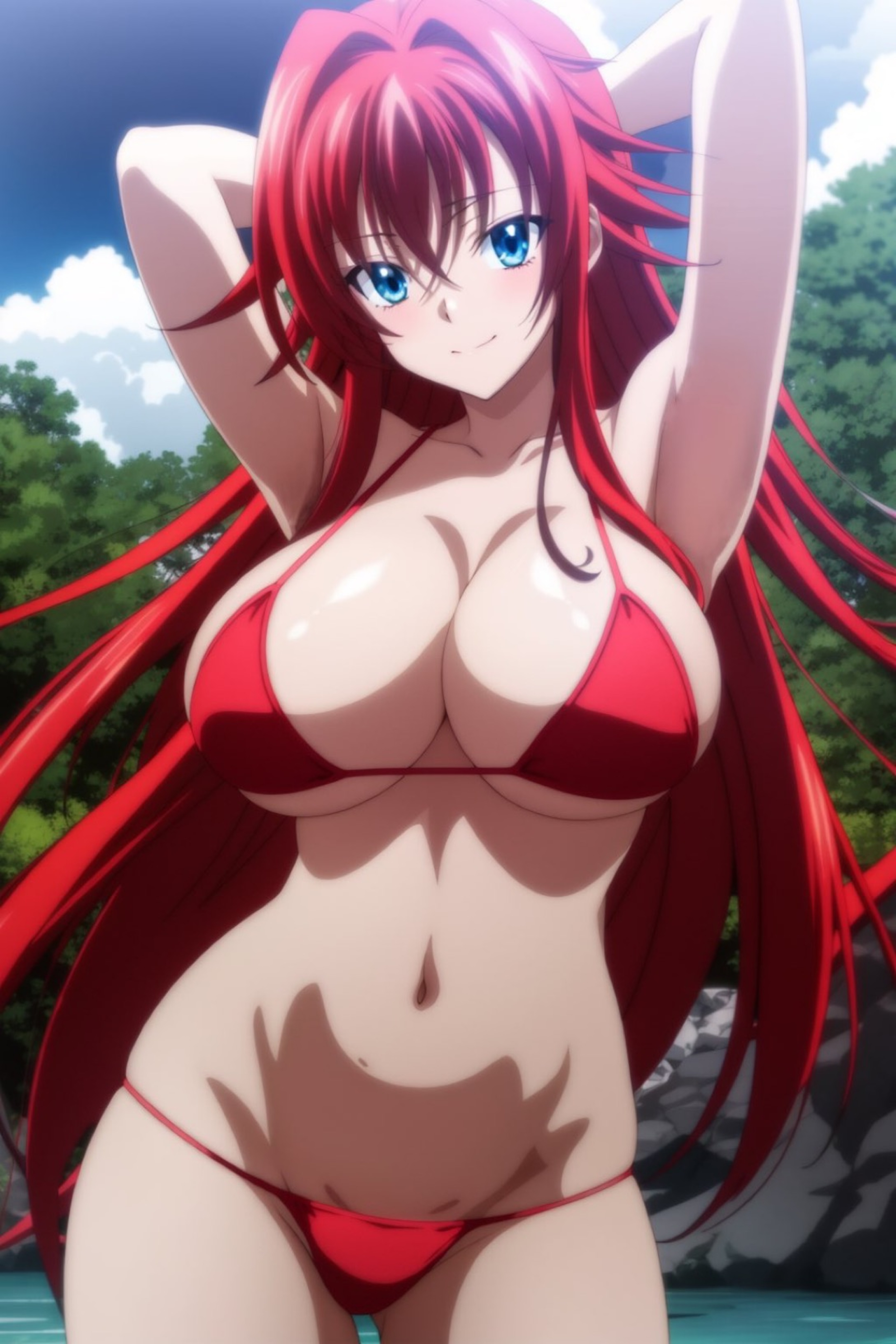 1girls, ai generated, armpits, arms behind head, big breasts, bikini, blue eyes, breasts, busty, cleavage, female, female only, hi res, high school dxd, large breasts, legs, long hair, looking at viewer, navel, pose, posing, red hair, rias gremory, sensual, sexy armpits, smile, solo, spread legs, thighs, voluptuous